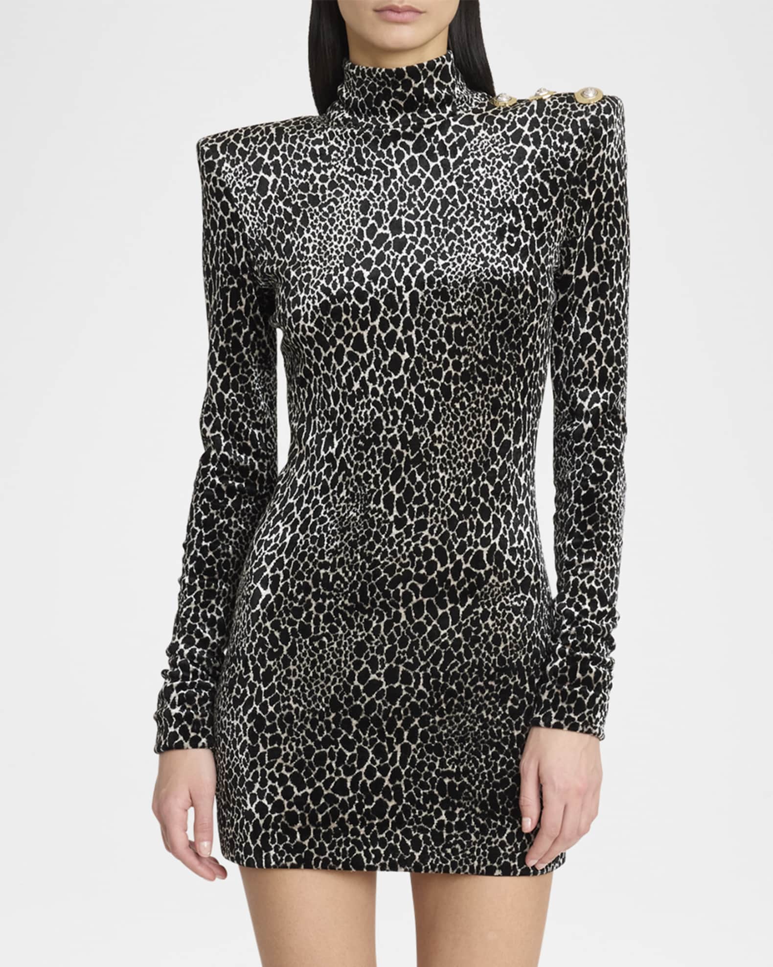 Balmain Leopard Velvet Button Strong-Shoulder Mini Dress | Neiman Marcus