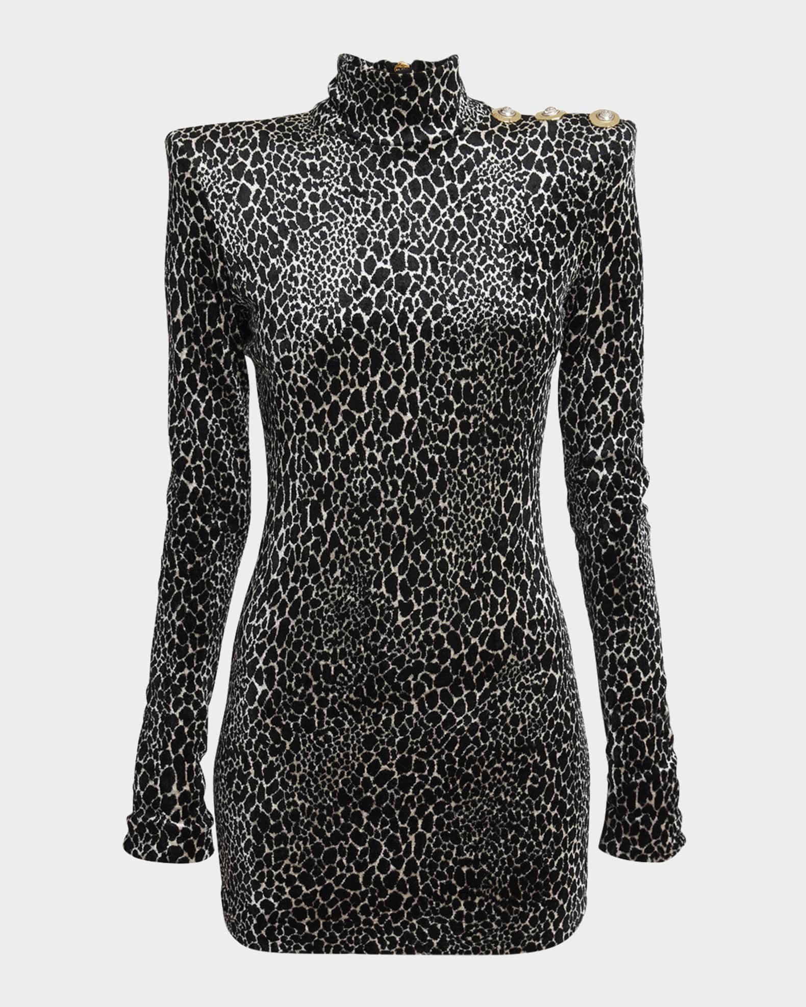 Balmain Leopard Velvet Button Strong-Shoulder Mini Dress | Neiman Marcus