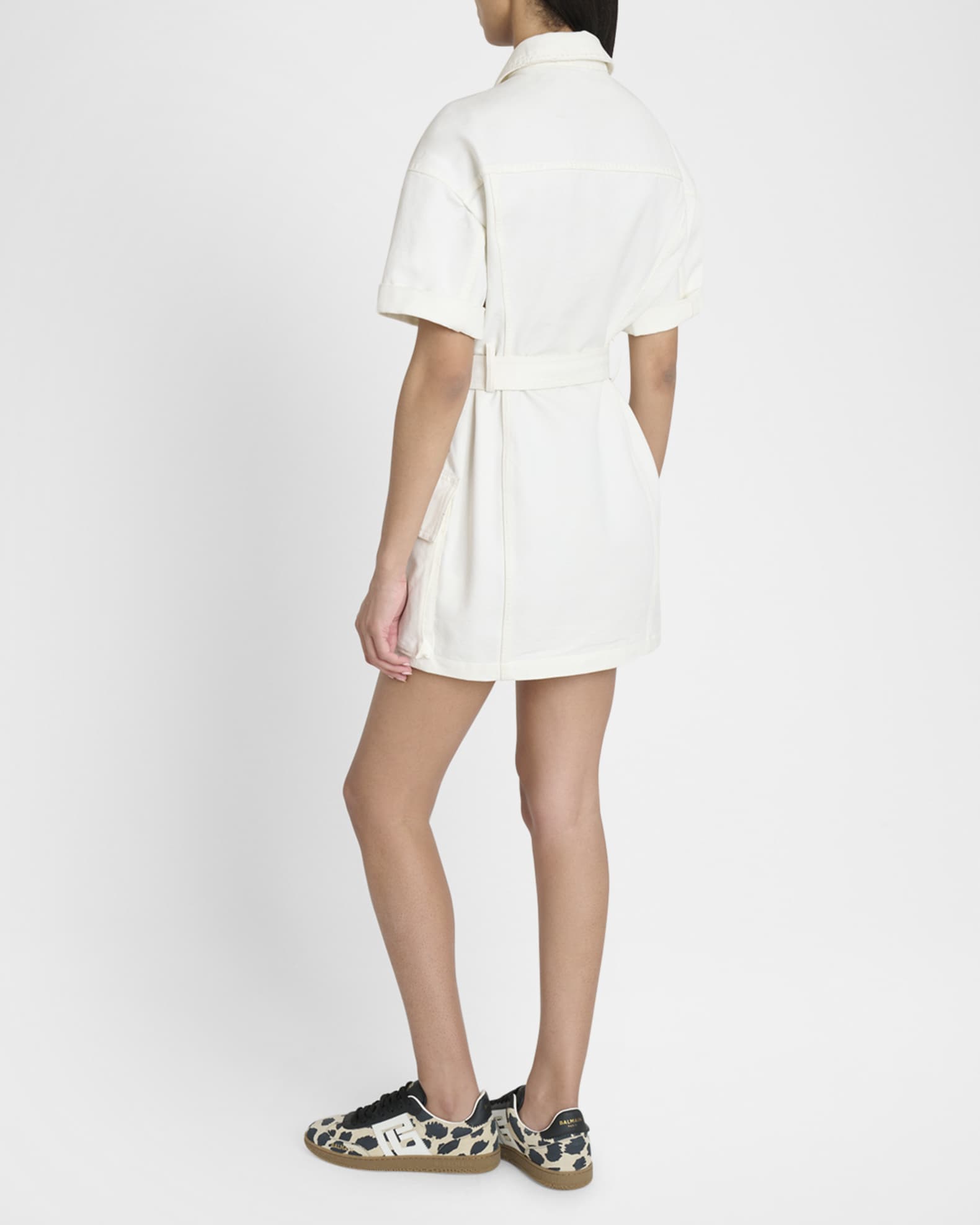 Balmain Lace-Up Canvas Denim Mini Dress with Belt | Neiman