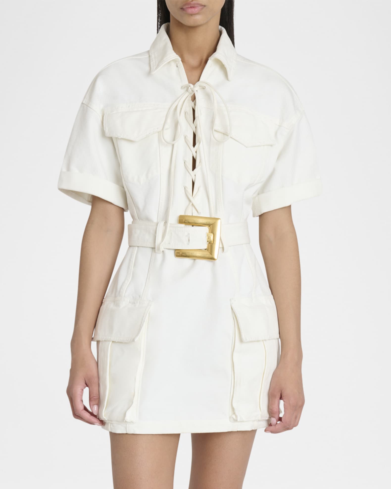 Balmain Lace-Up Canvas Denim Mini Dress with Belt | Neiman