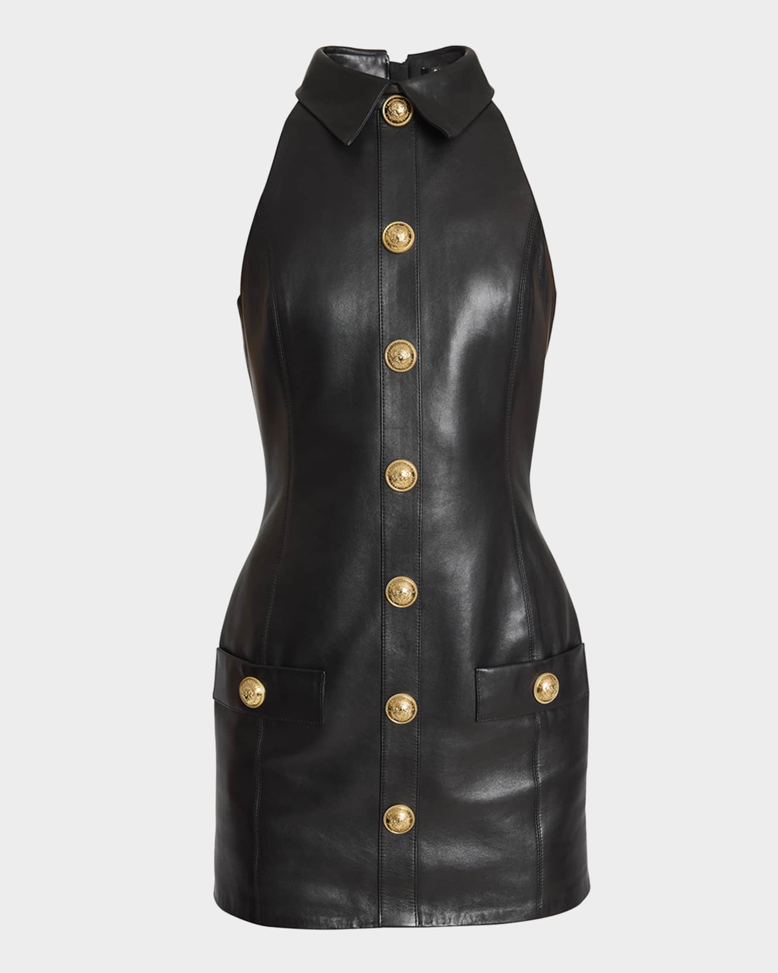 Buttoned Lambskin Leather Bodycon Dress 0