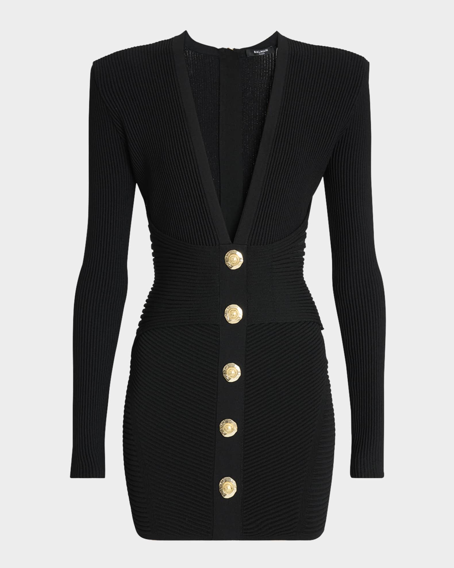 Balmain Buttoned Plunging Rib Knit Mini Dress | Neiman Marcus