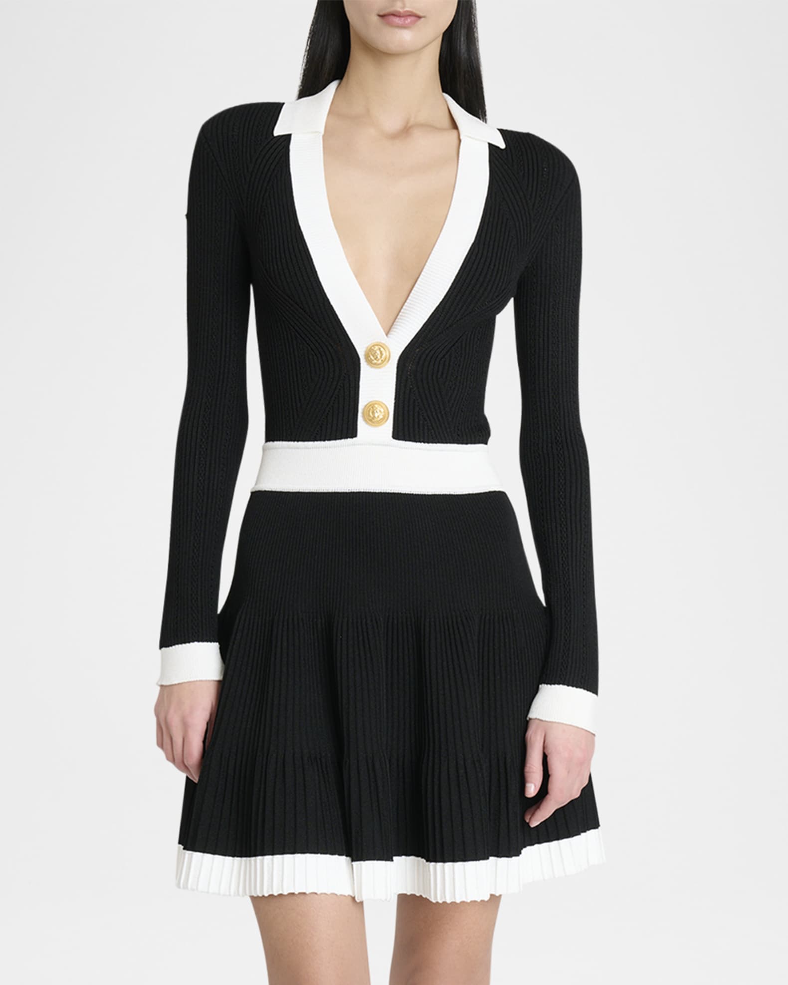 Balmain Long-Sleeve V-Neck Flared Knit Dress | Neiman Marcus