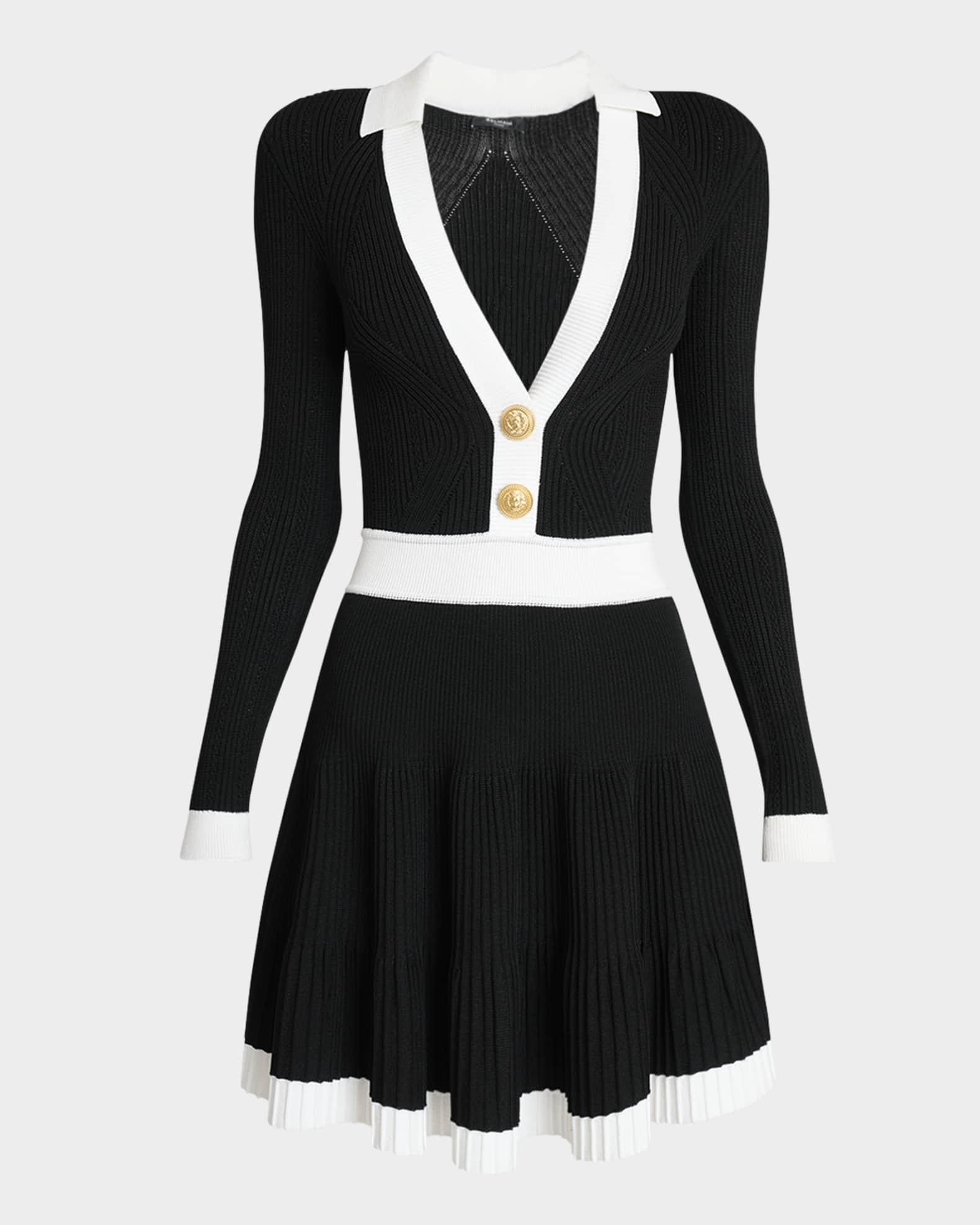 Long-Sleeve V-Neck Flared Knit Dress 0