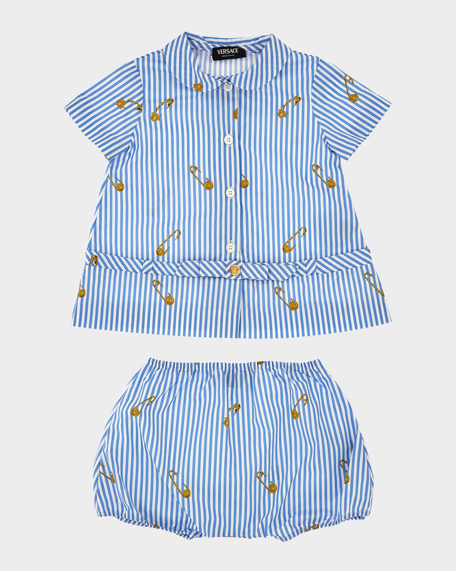 Girl's Pinstripe Poplin Safety Pin Dress with Bloomers, Size 6M-18M 0