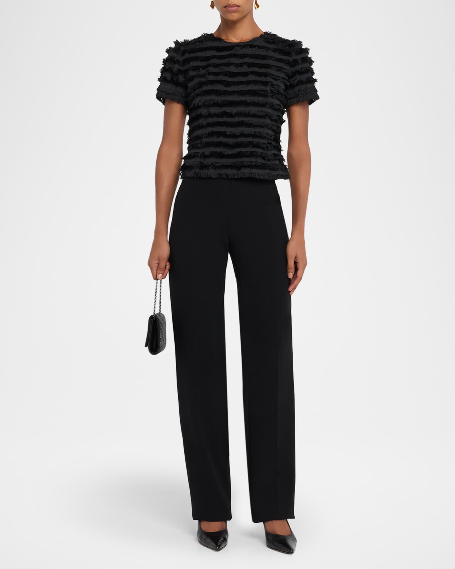 Striped Fringe Short-Sleeve Fitted Top 1