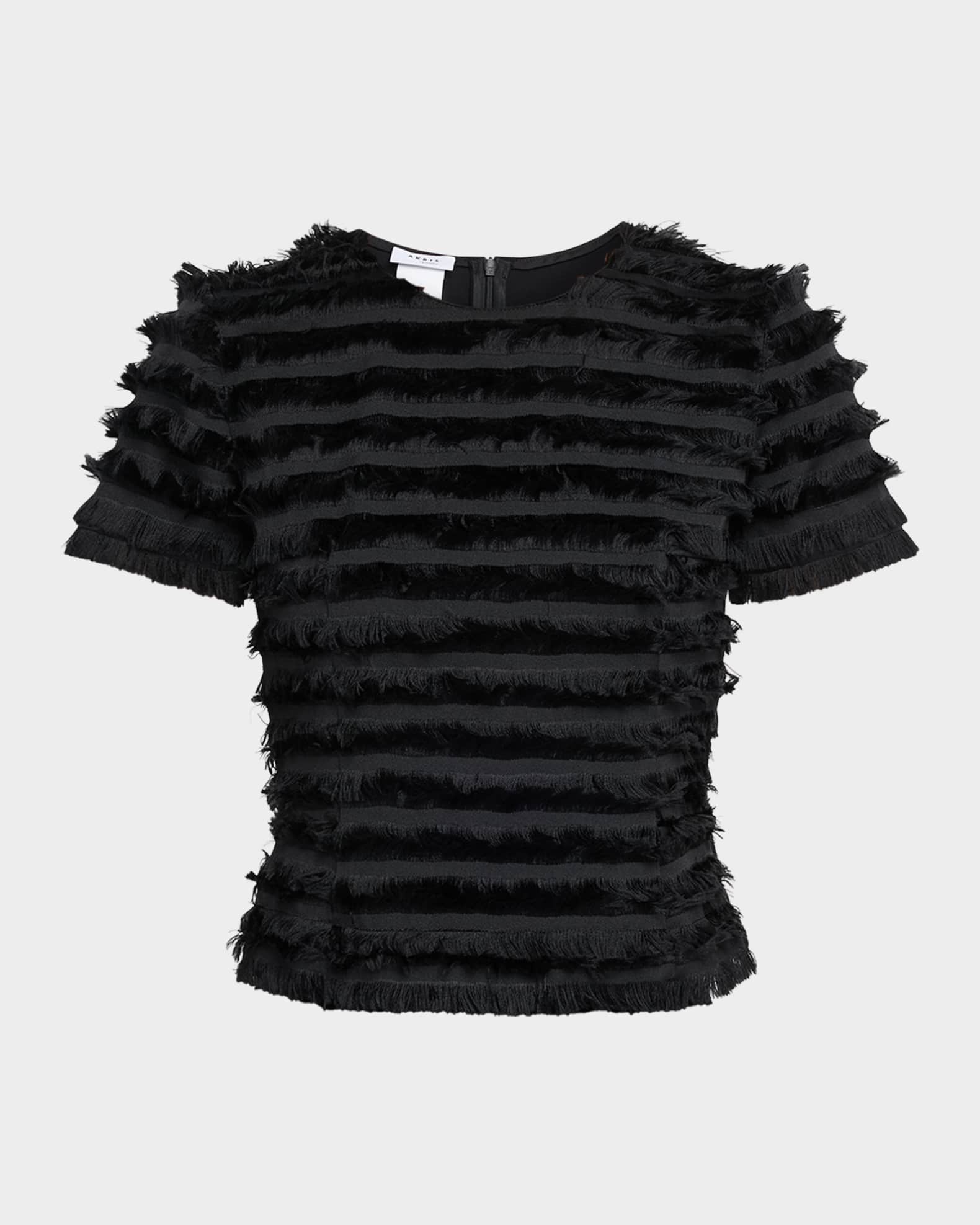 Striped Fringe Short-Sleeve Fitted Top 0