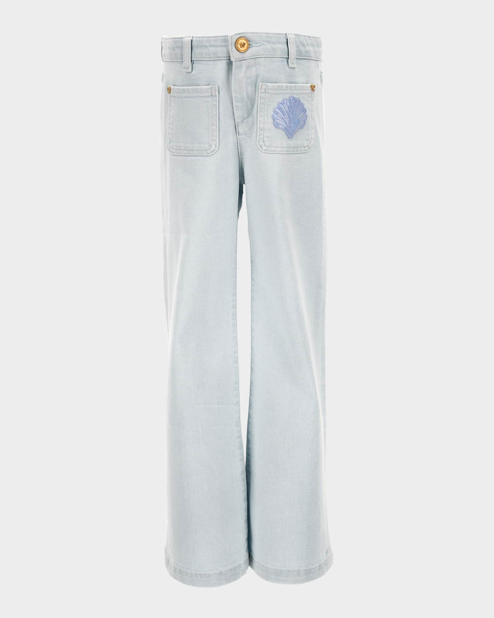 Girl's De La Mer Shell Embroidered Denim Pants, Size 6-14 0