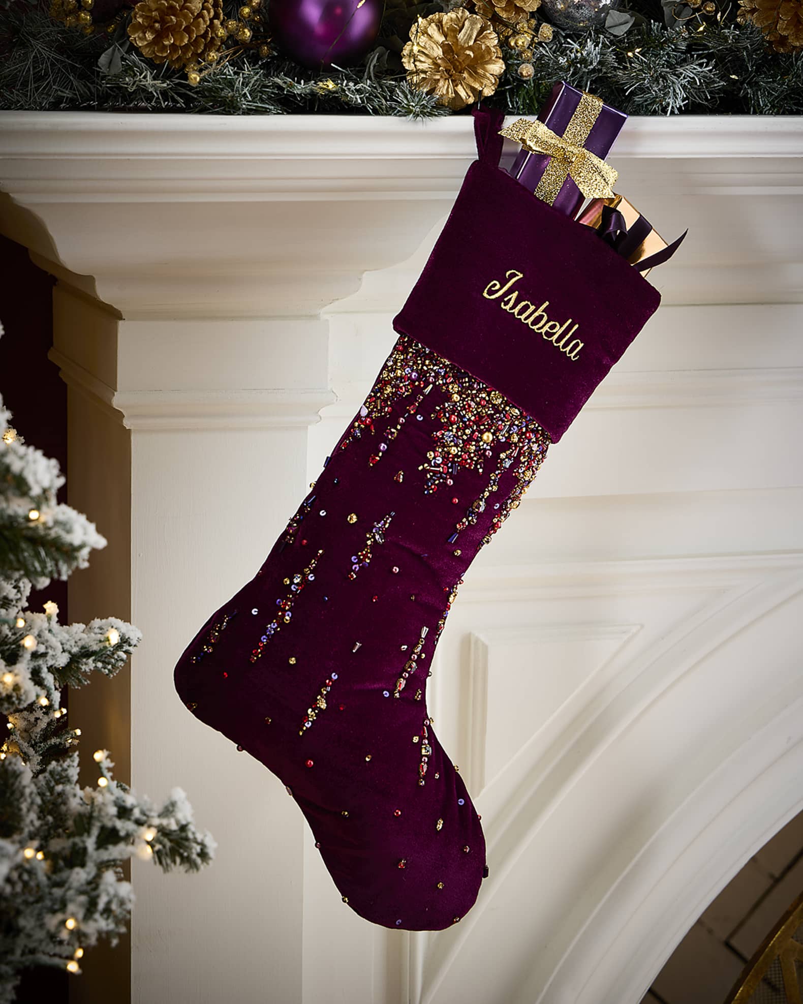 Plum Christmas Beaded Stocking, Personalized 0