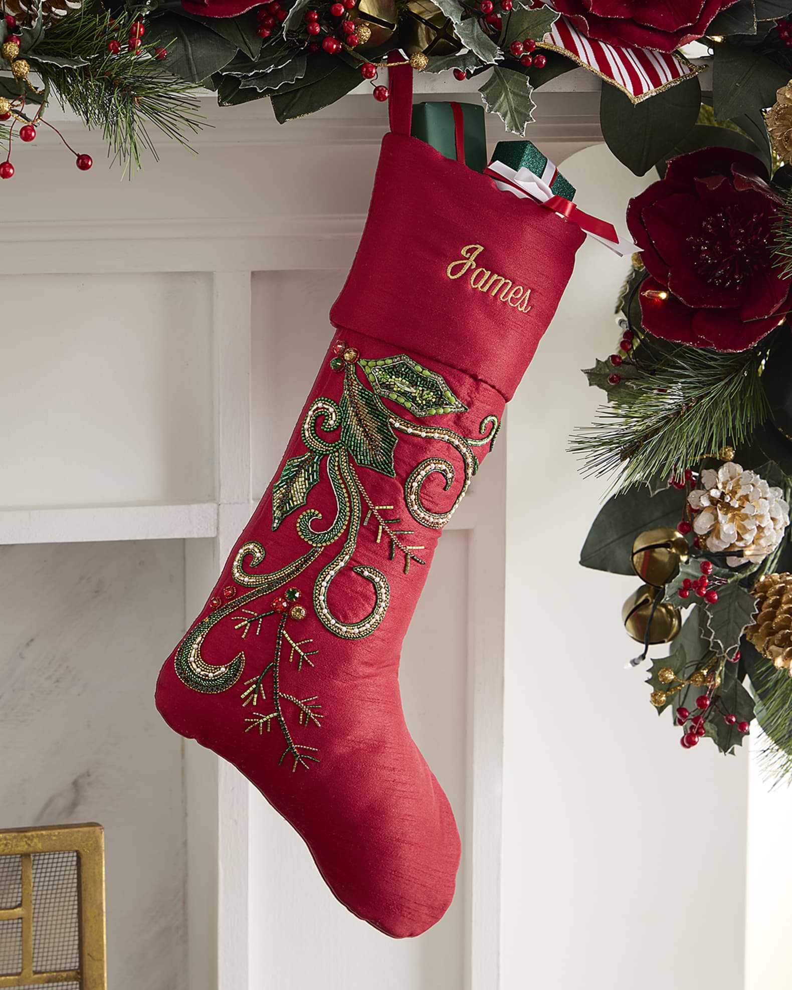 Beaded Holly Leaves Classic Christmas Stocking, Personalized 0