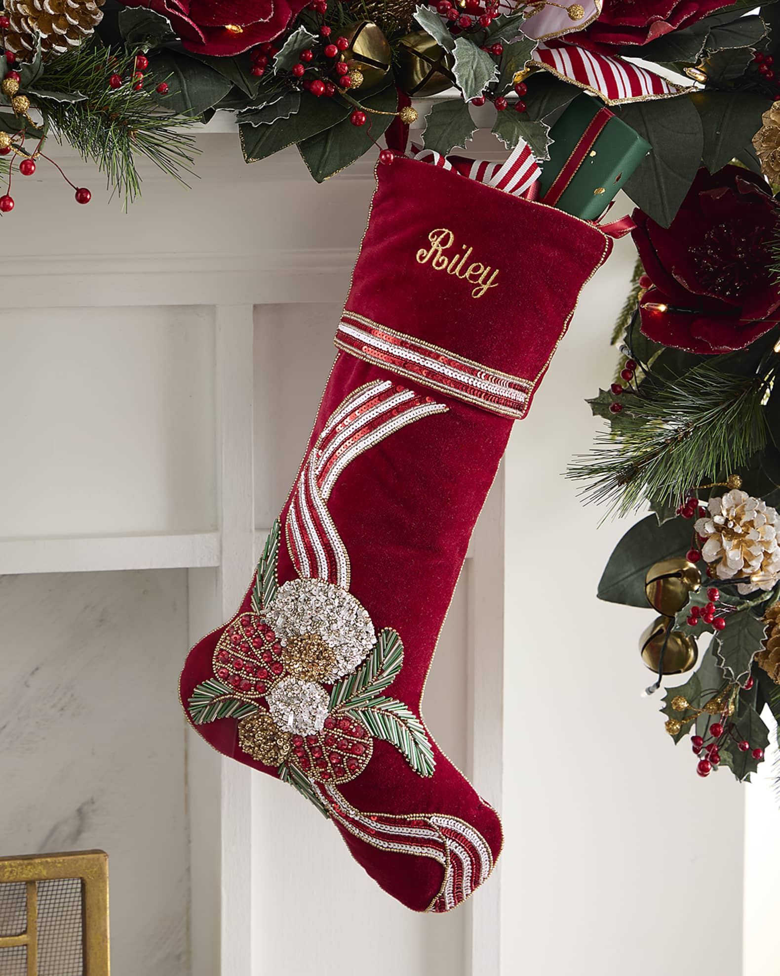 Beaded Pine Berry Christmas Stocking, Personalized 0