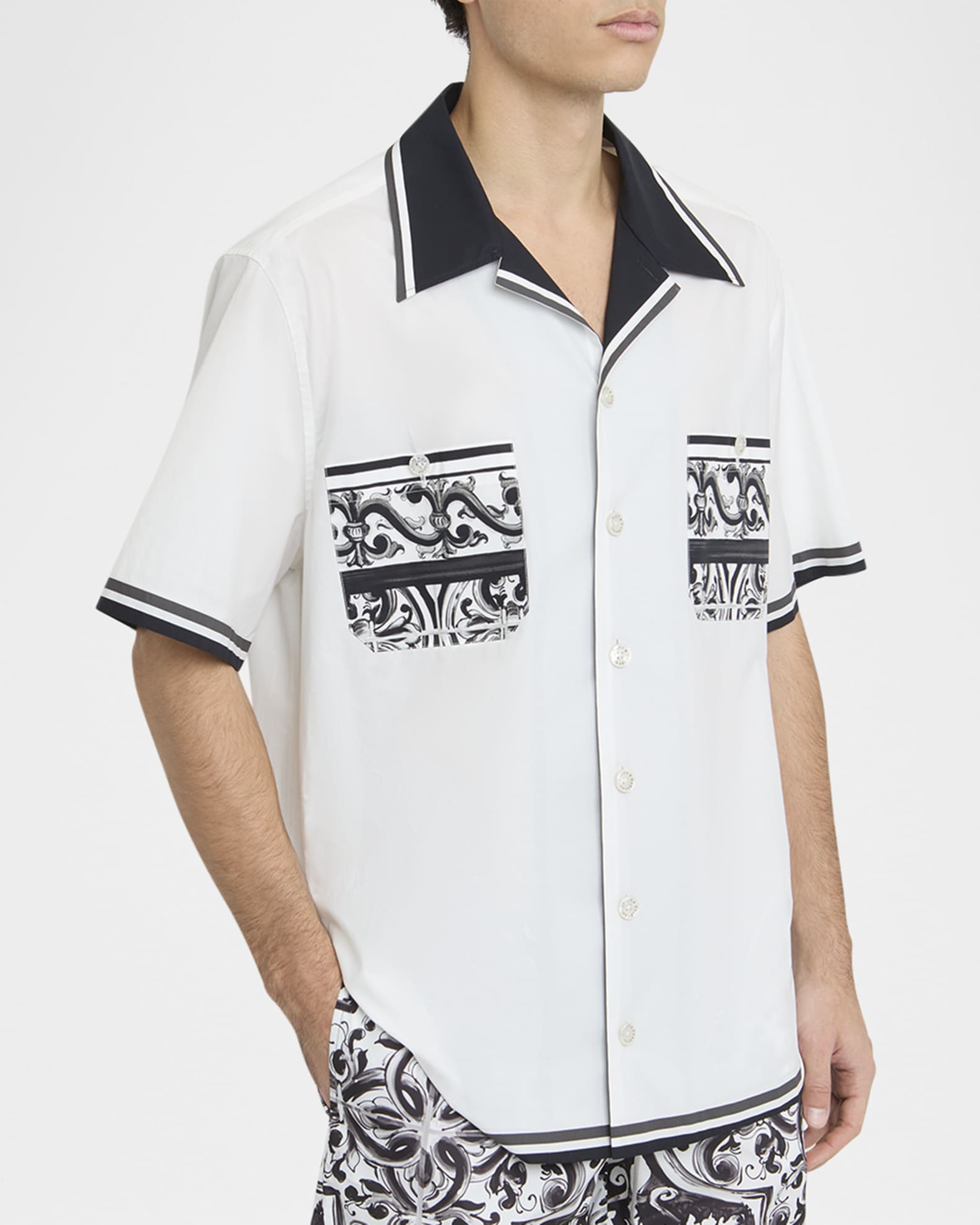 Dolce&Gabbana Men's Cotton Majolica Double-Pocket Camp Shirt
