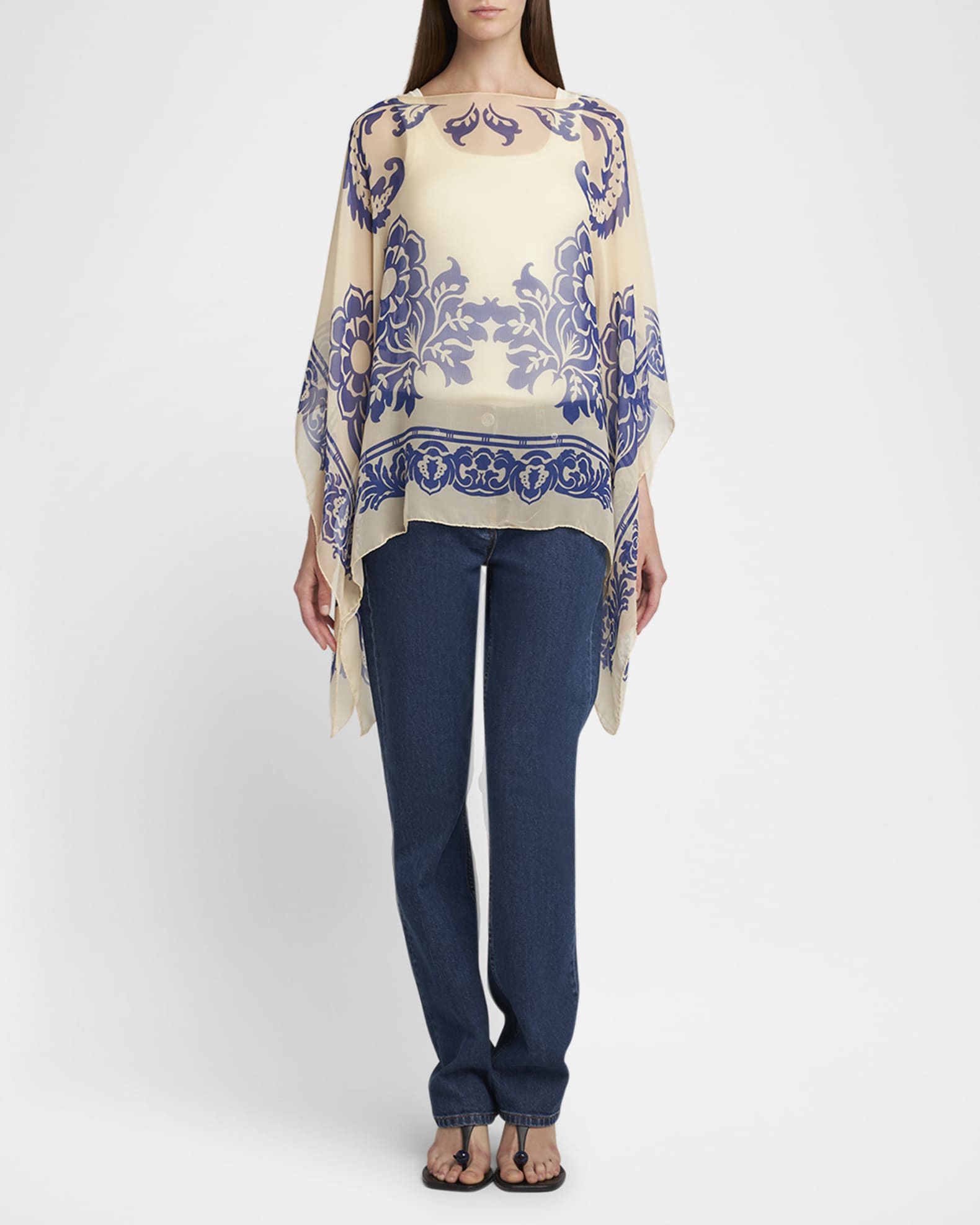 Floral Printed Silk Poncho  1