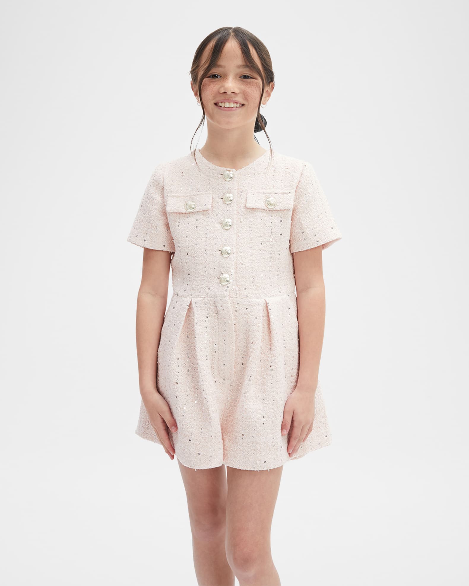 Girl's Pleated Sequin Boucle Playsuit, Size 4-14
