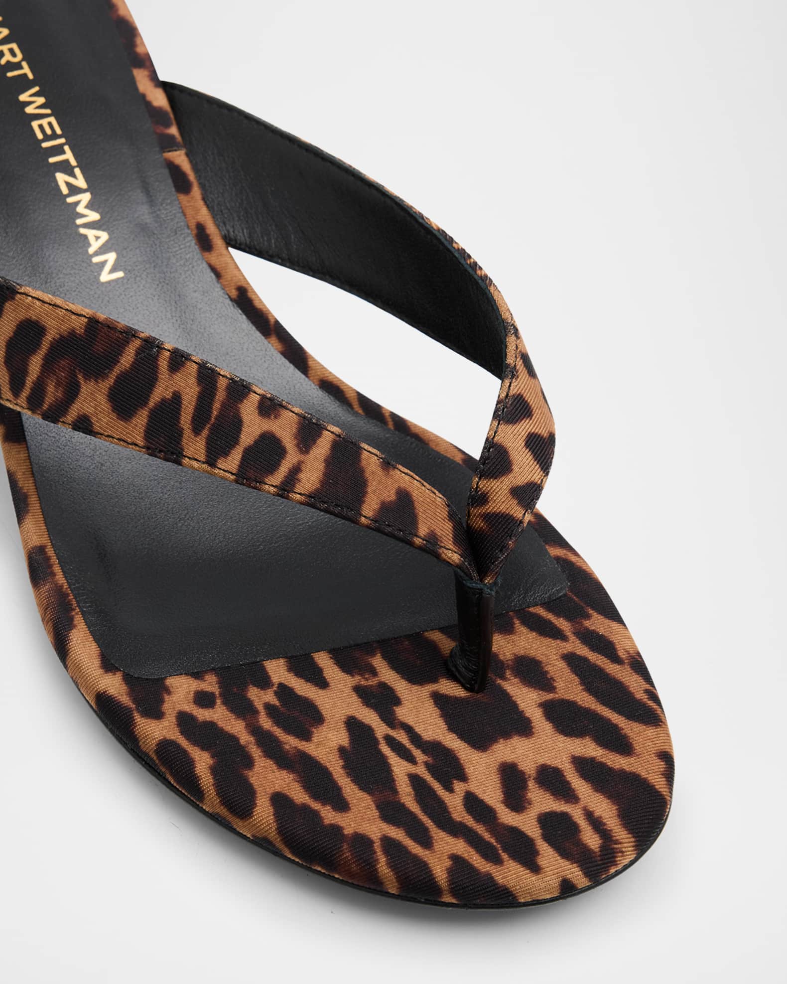 Stuart Weitzman Rio Leopard-Print Nylon Kitten-Heel Thong Stuart Weitzman Rio Leopard-Print Nylon Kitten-Heel Thong