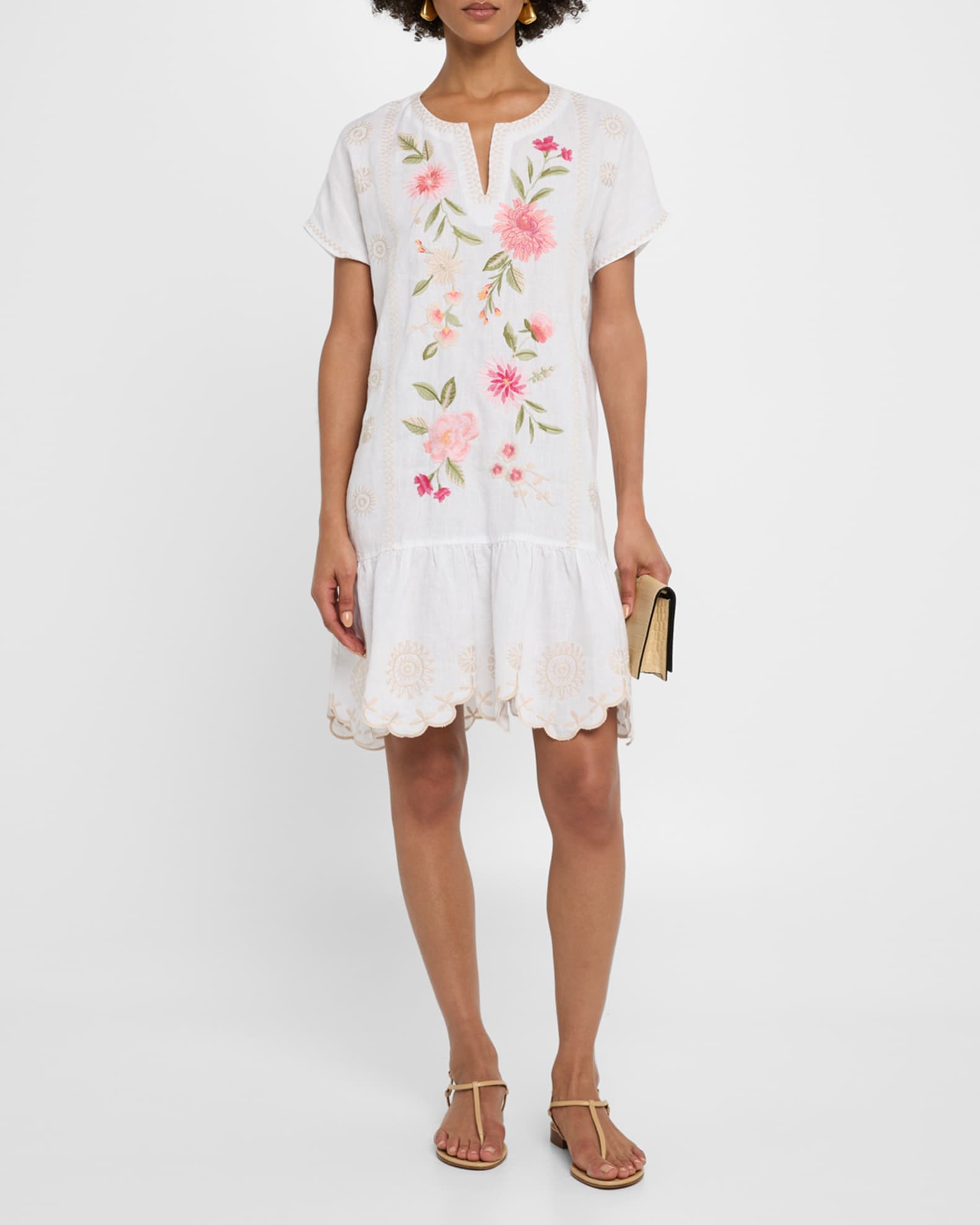 Della Floral-Embroidered Flounce Linen Dress 1