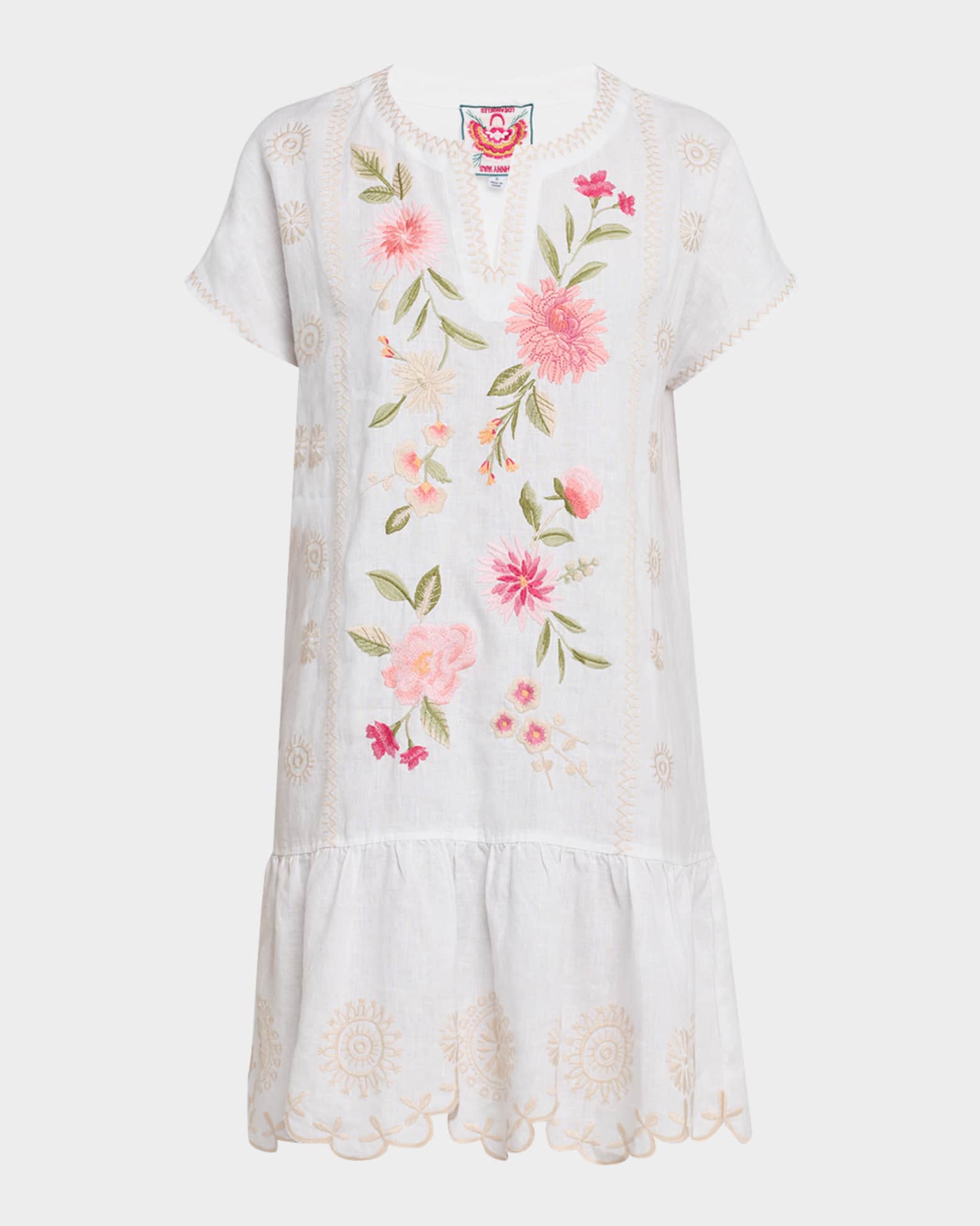 Della Floral-Embroidered Flounce Linen Dress 0