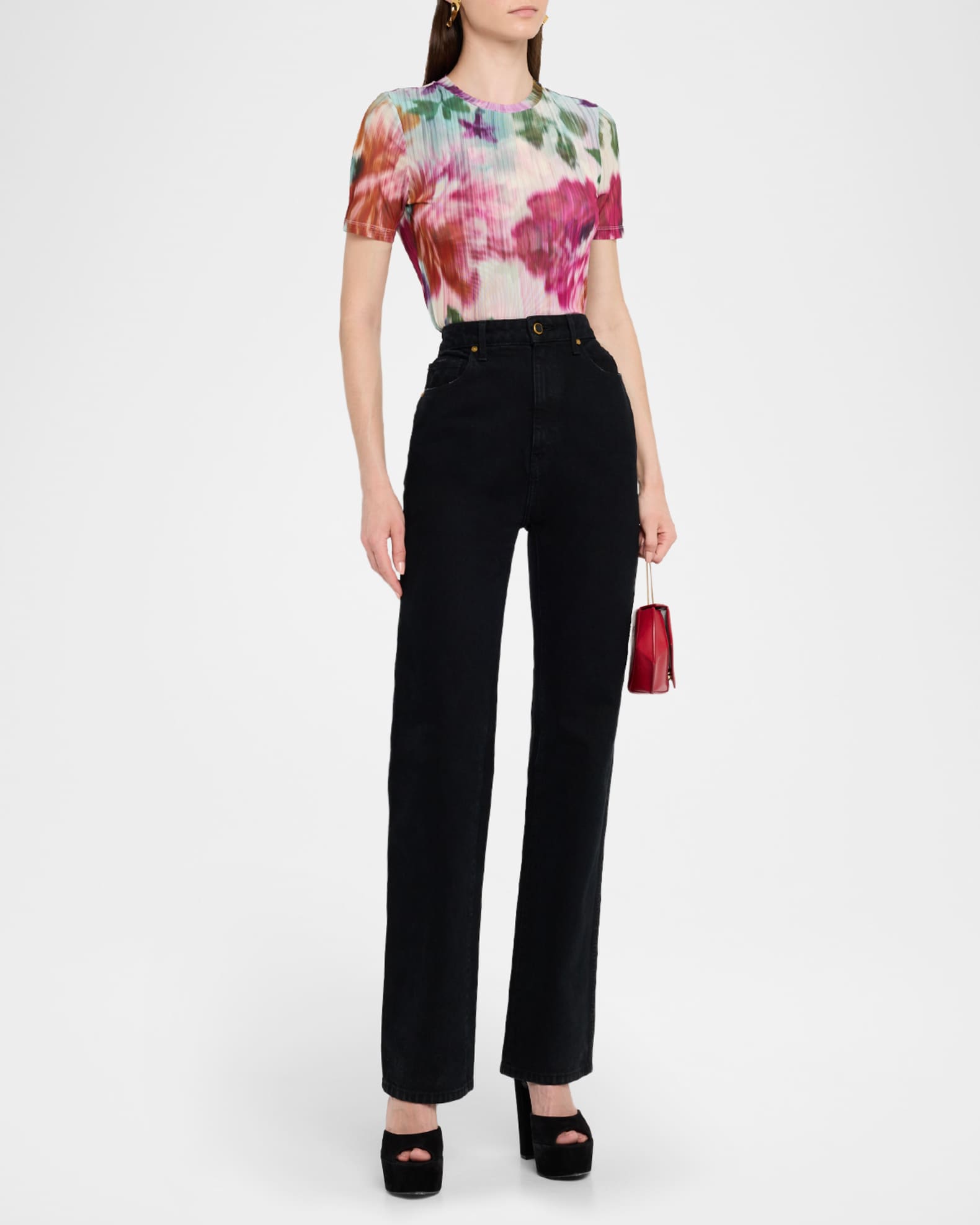 Johnny Was Eleanor Crewneck Floral-Print Mesh Tee | Neiman