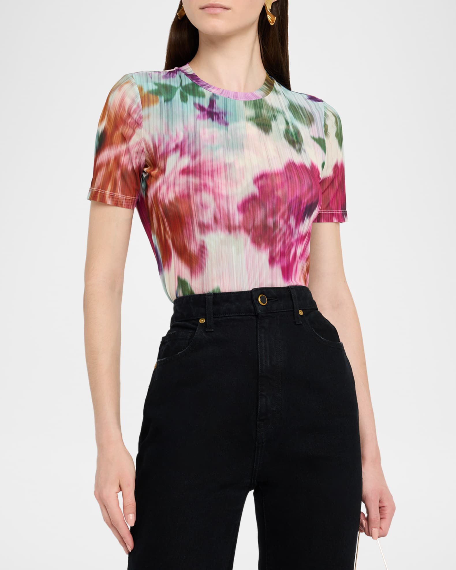 Johnny Was Eleanor Crewneck Floral-Print Mesh Tee | Neiman