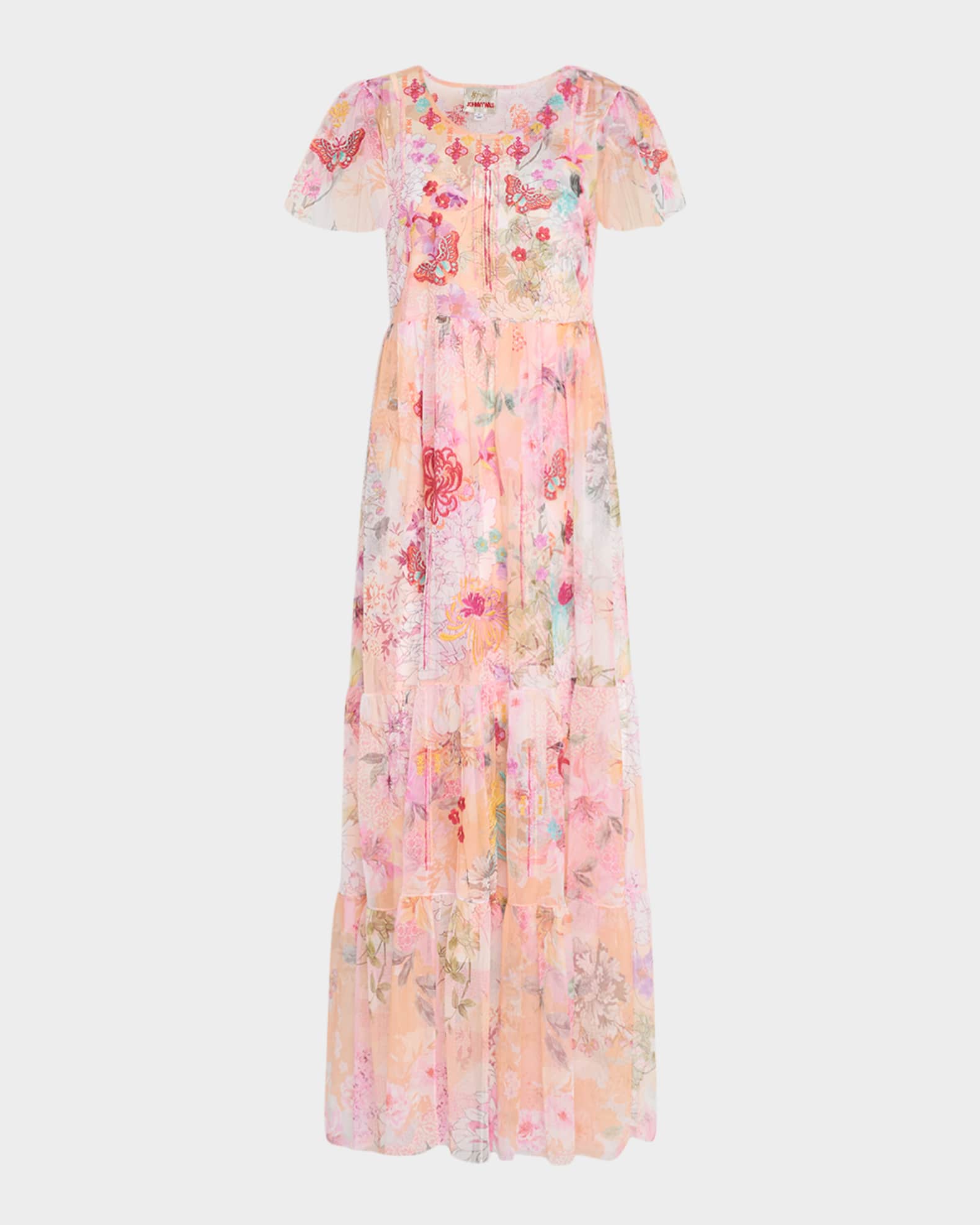 Valentina Tiered Floral-Print Tulle Maxi Dress 0