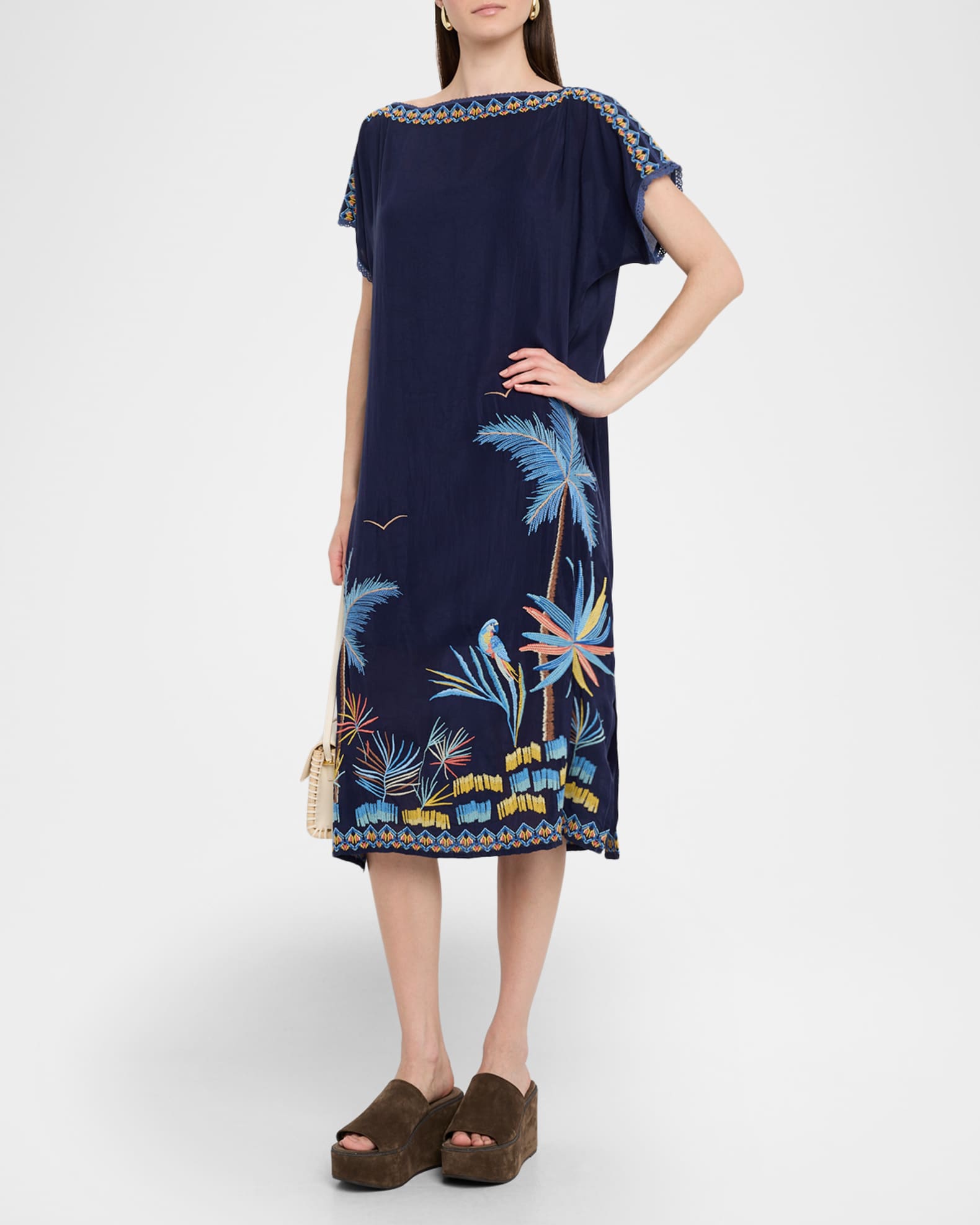 Johnny Was Palm Beach Embroidered Midi Shift Dress | Neiman Marcus