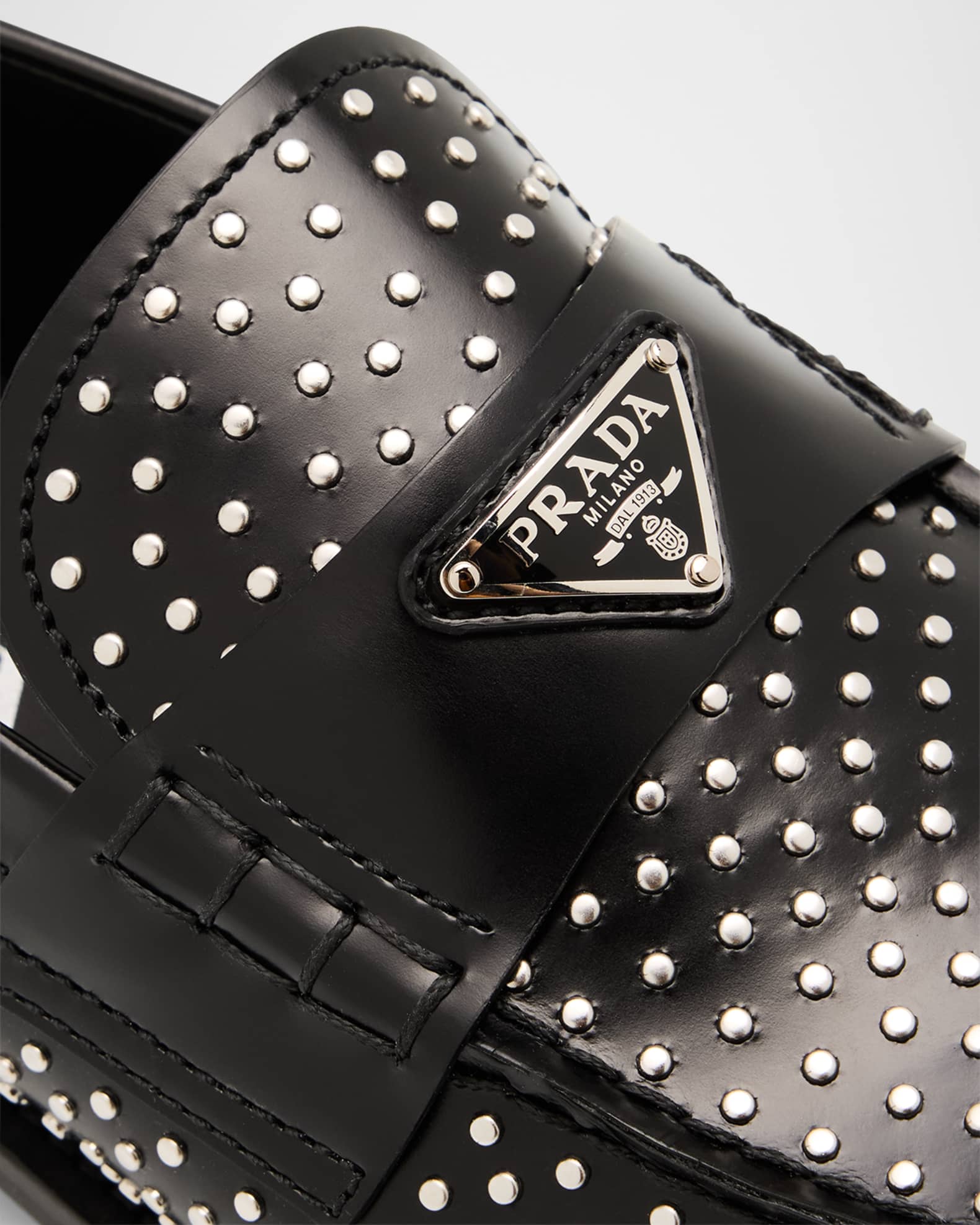 Prada Spazzolato Leather Studded Loafers | Neiman Marcus