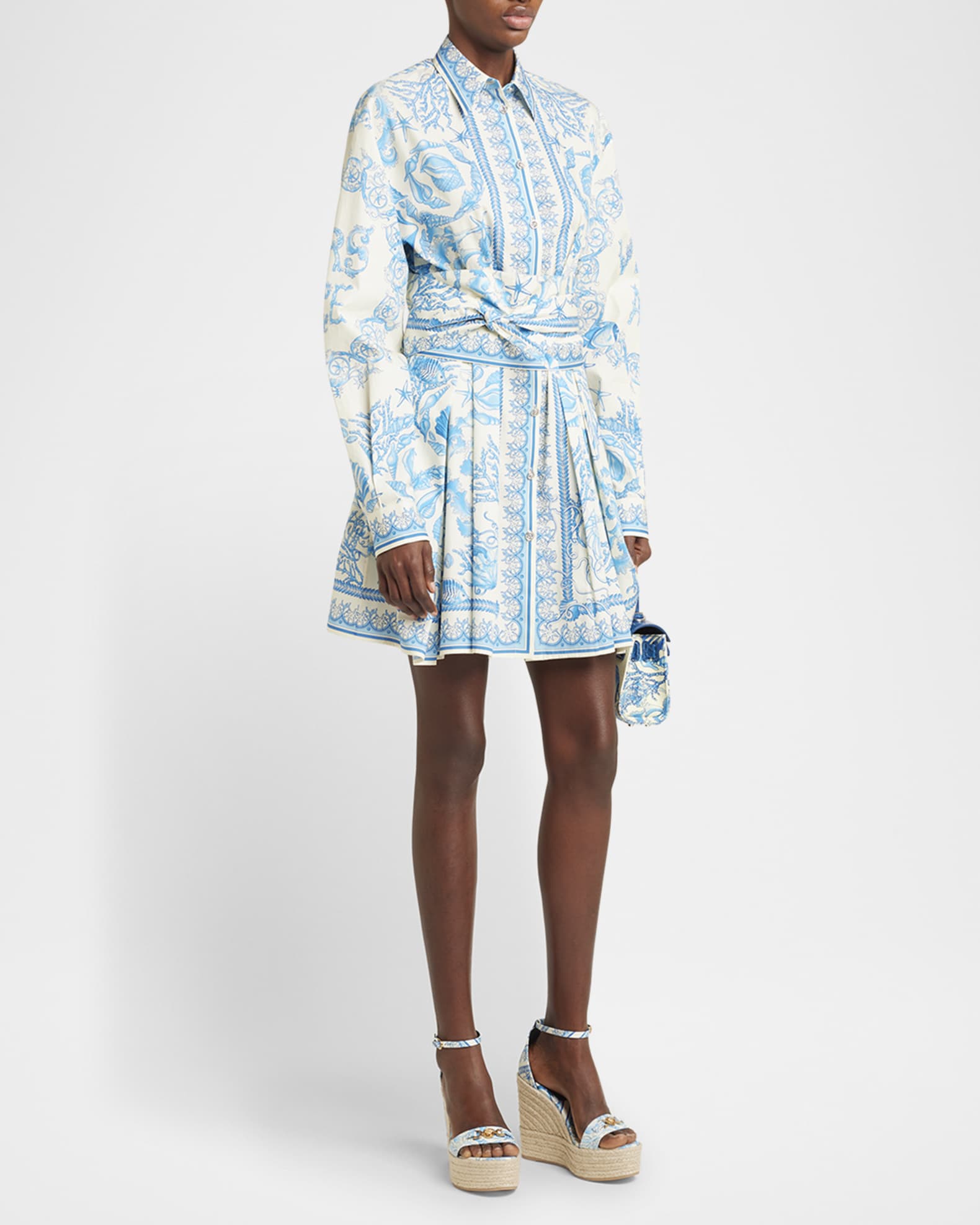 Pleated Baroque Scarf-Print Mini Shirtdress 1