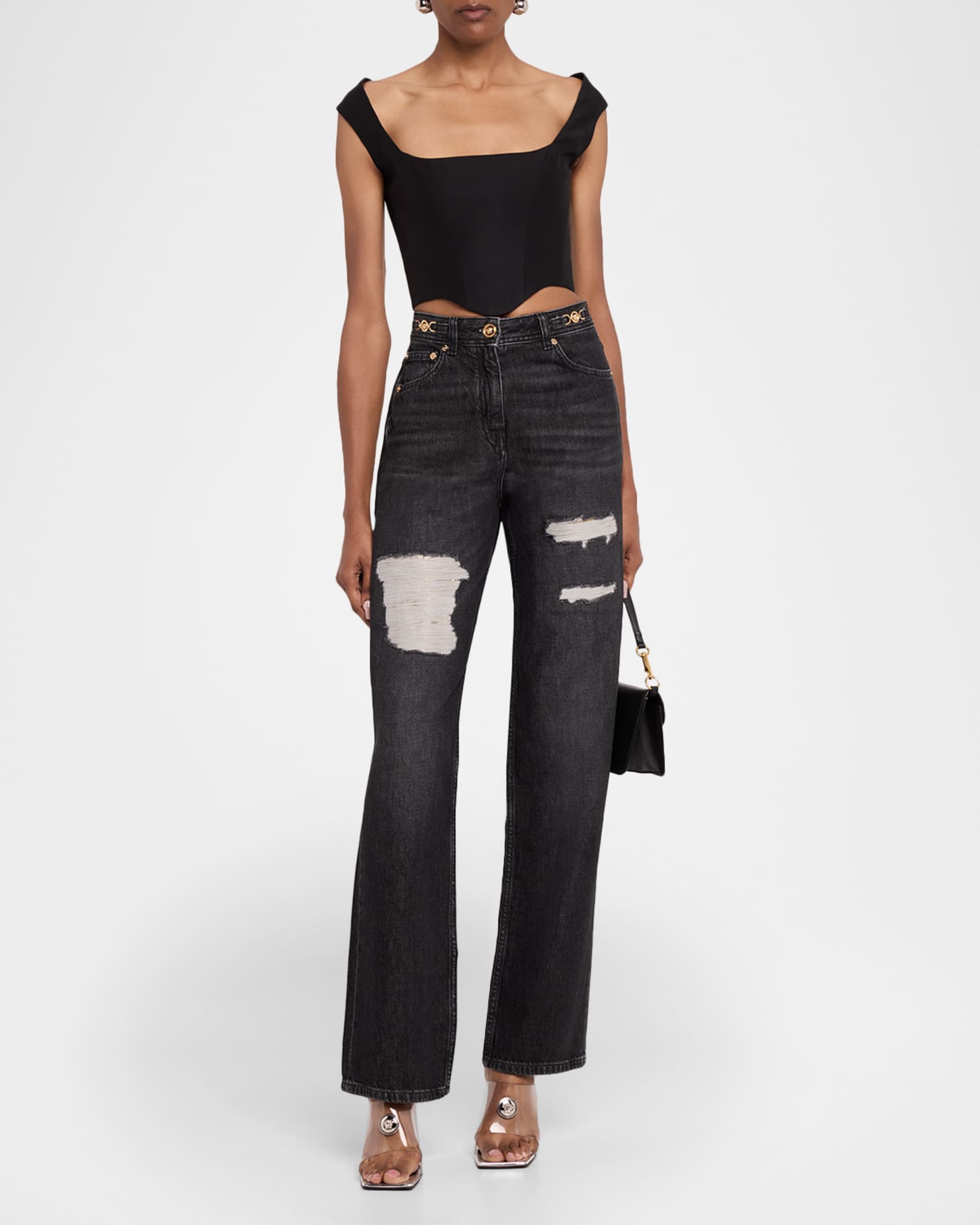Chainmail-Insert Distressed Straight-Leg Pants 1