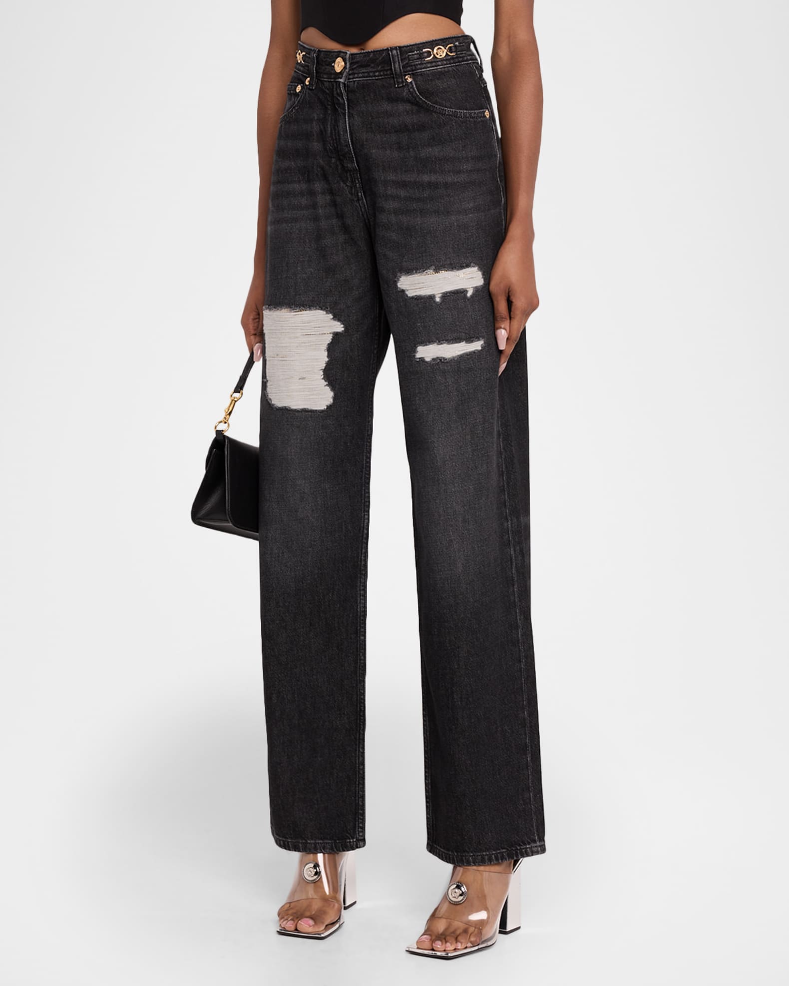 パンツ VERSACE Women Straight Pants 1009844 BLACK VERSACE Leather straight-leg pants | NET-A-PORTER