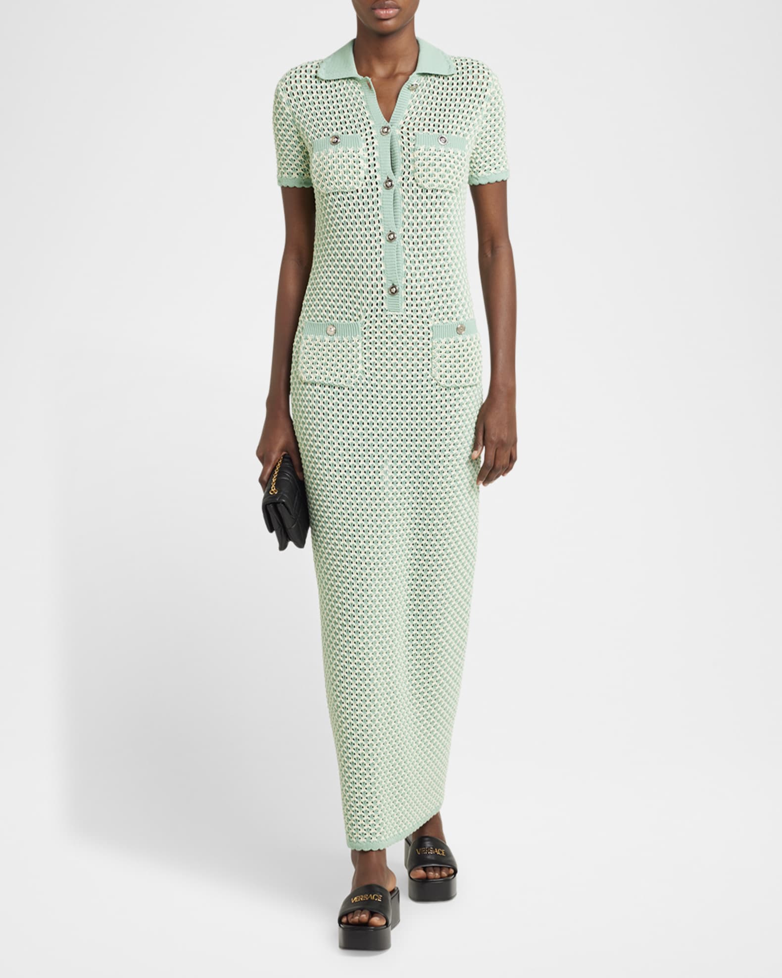 4-Pocket Short-Sleeve Crochet Maxi Polo Dress 1