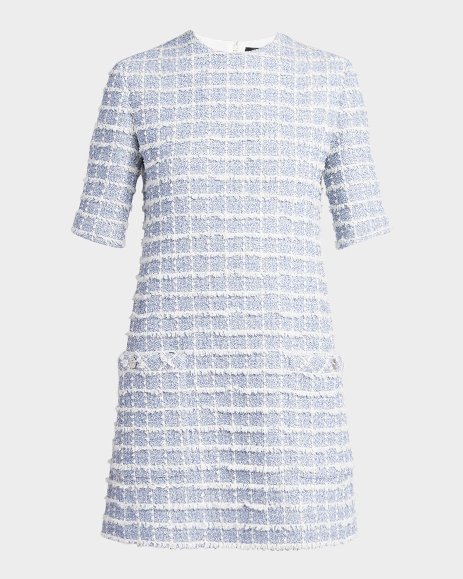 Short-Sleeve Windowpane Tweed Boucle Mini Dress 0