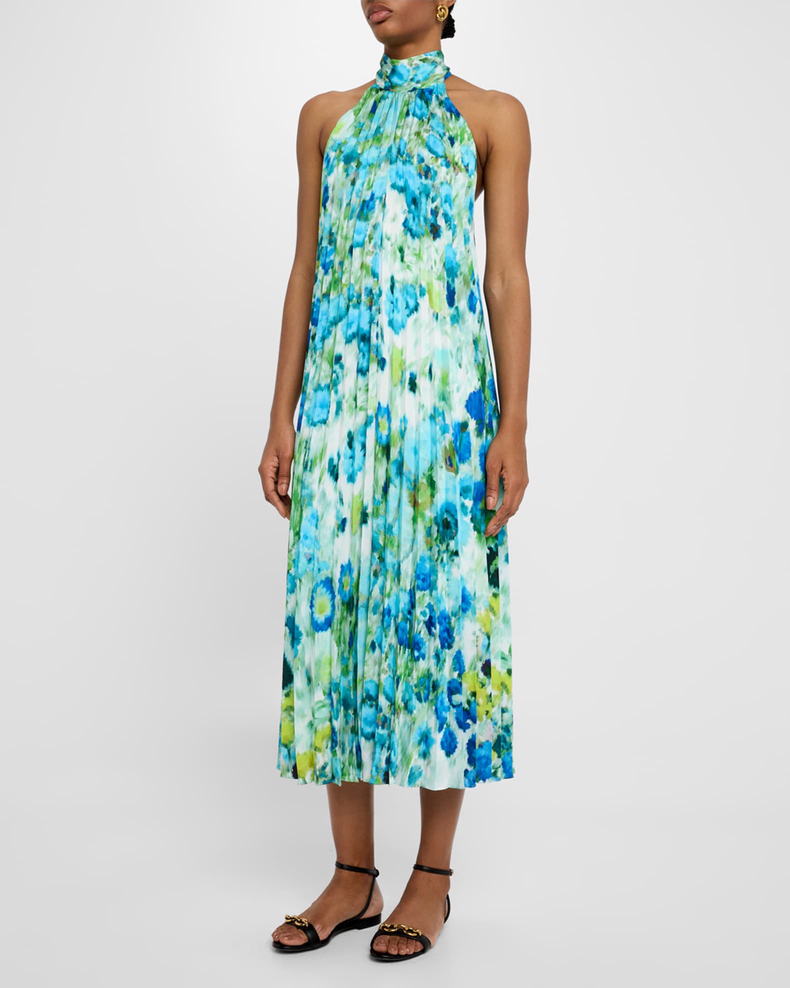 Pleated Watercolor-Print Halter Midi Dress 1