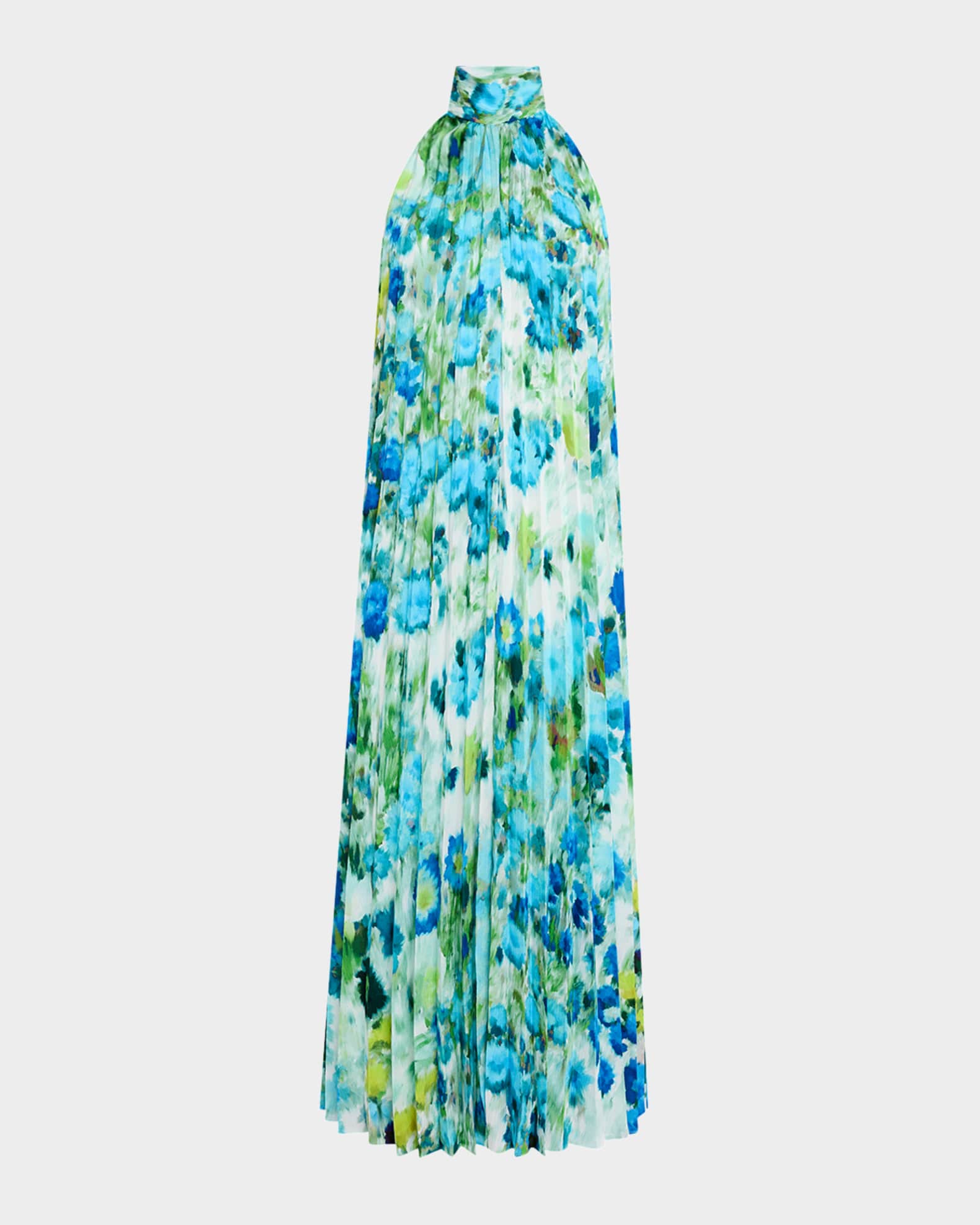 Pleated Watercolor-Print Halter Midi Dress 0