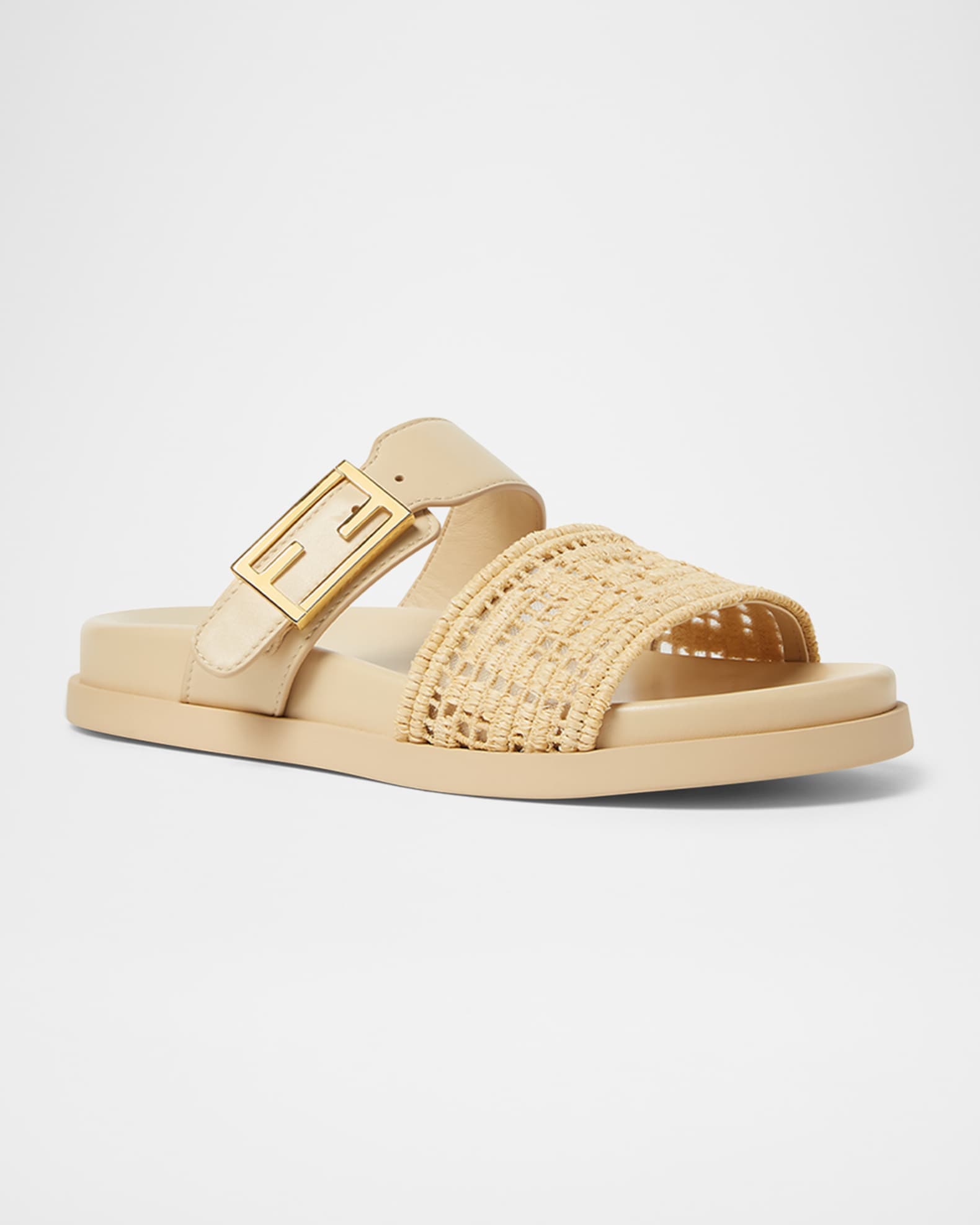 ☆ FENDI ゴールドロゴ クロスストラップ サンダル レディス BR ☆ Fendi FF Raffia Leather Dual-Strap Slide Sandals | Neiman Marcus