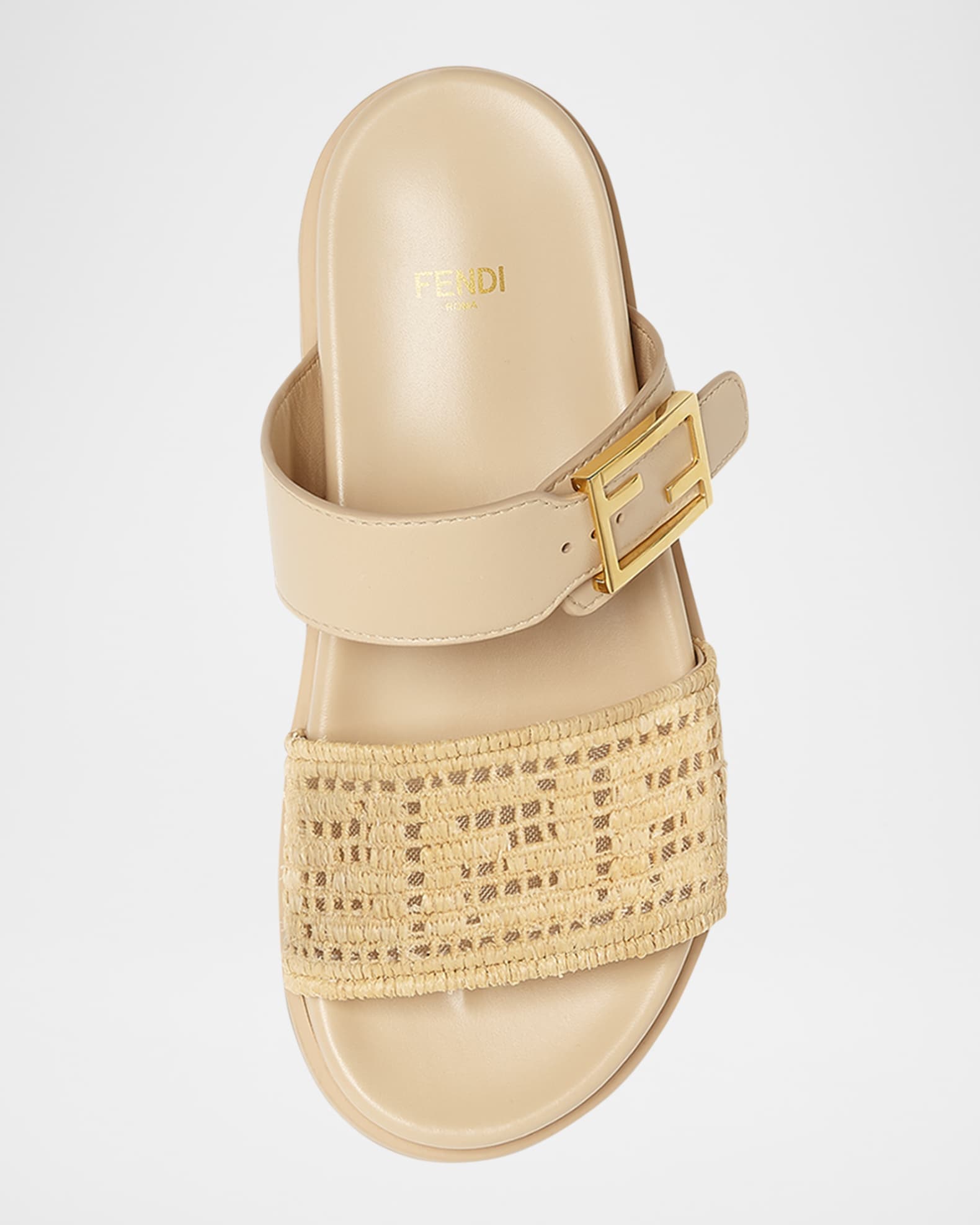 Fndiページ Fendi FF Raffia Leather Dual-Strap Slide Sandals | Neiman Marcus
