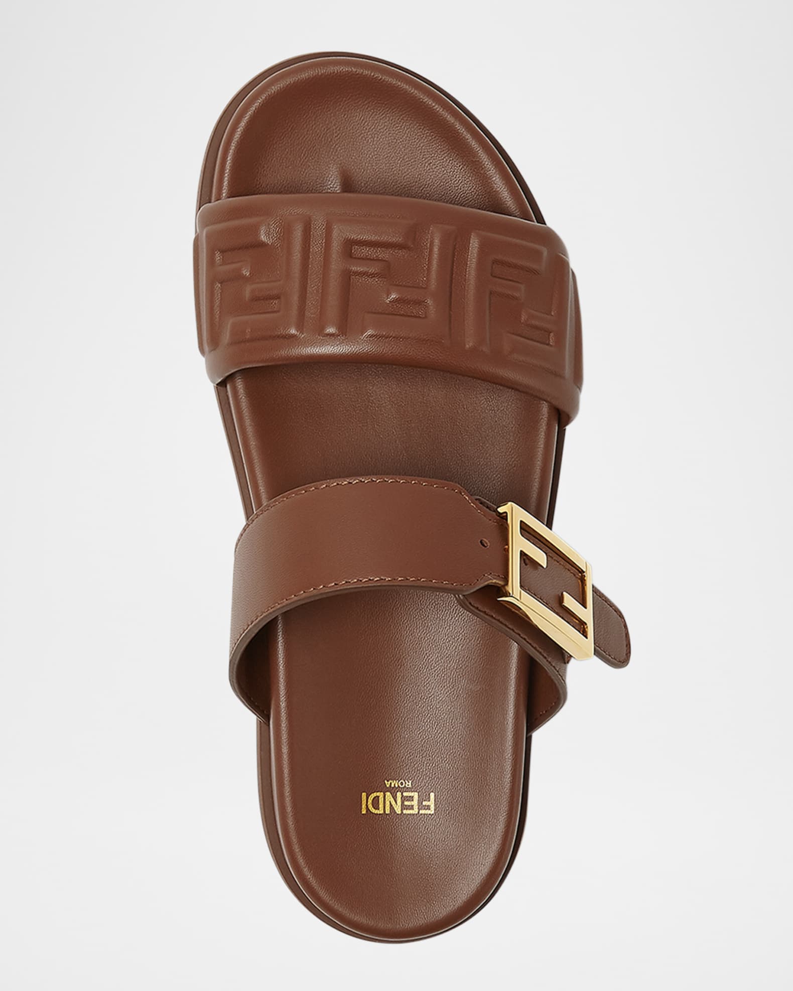 Fendi Fendi FF-Embossed Leather Dual Strap Slide Sandals | Neiman