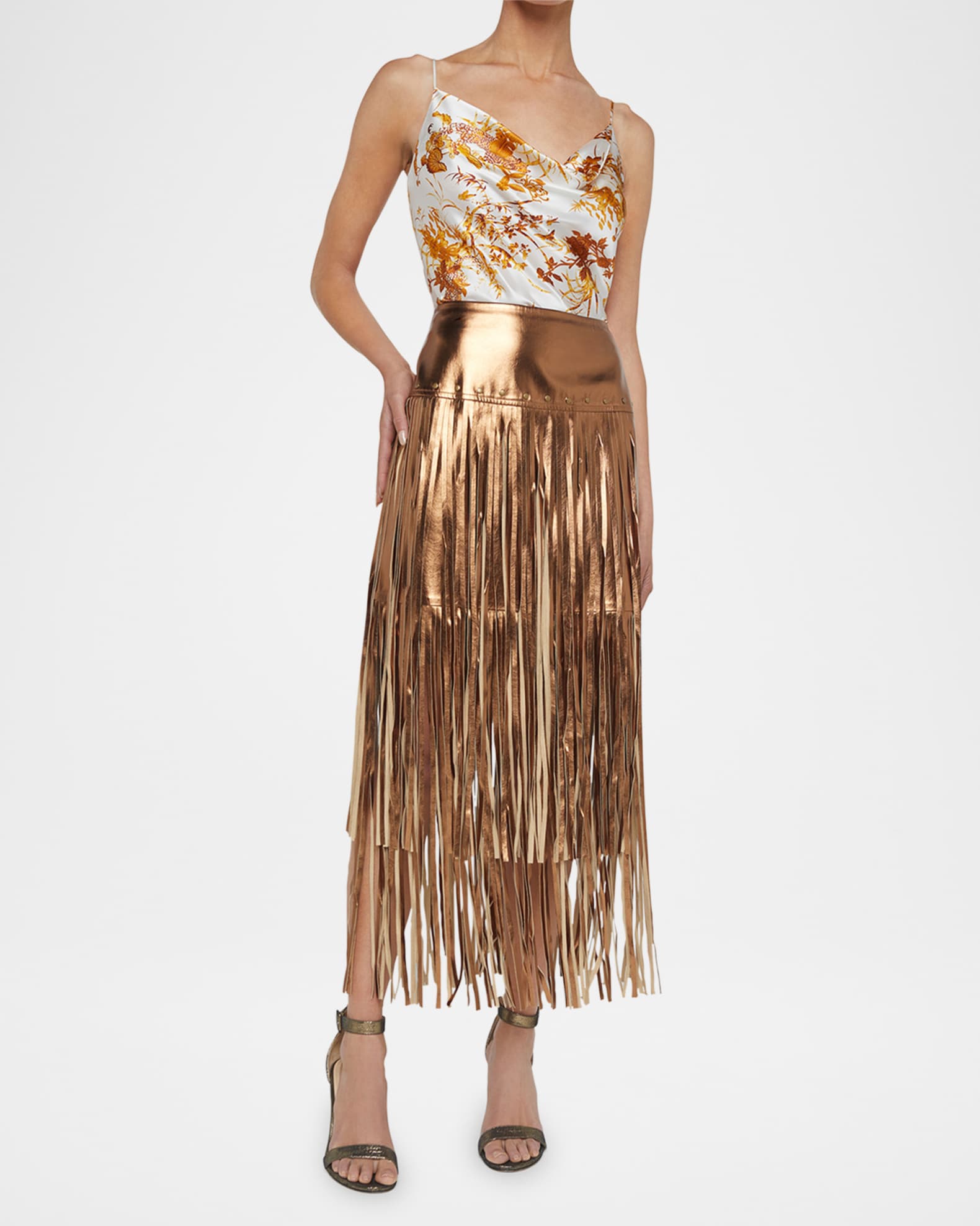 Karolina Metallic Faux Leather Fringe Skirt  1
