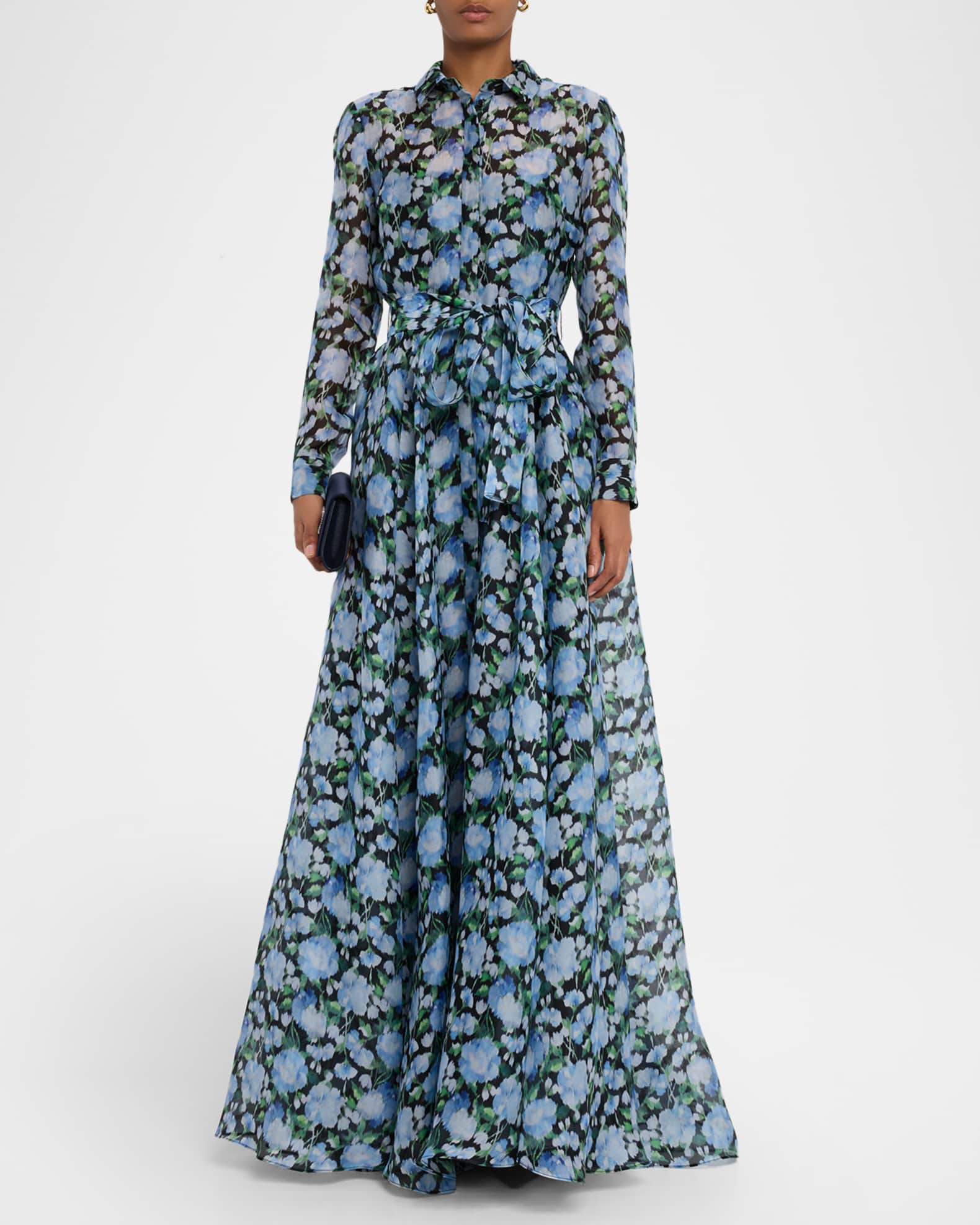 Floral Silk Long-Sleeve Trench Gown 1