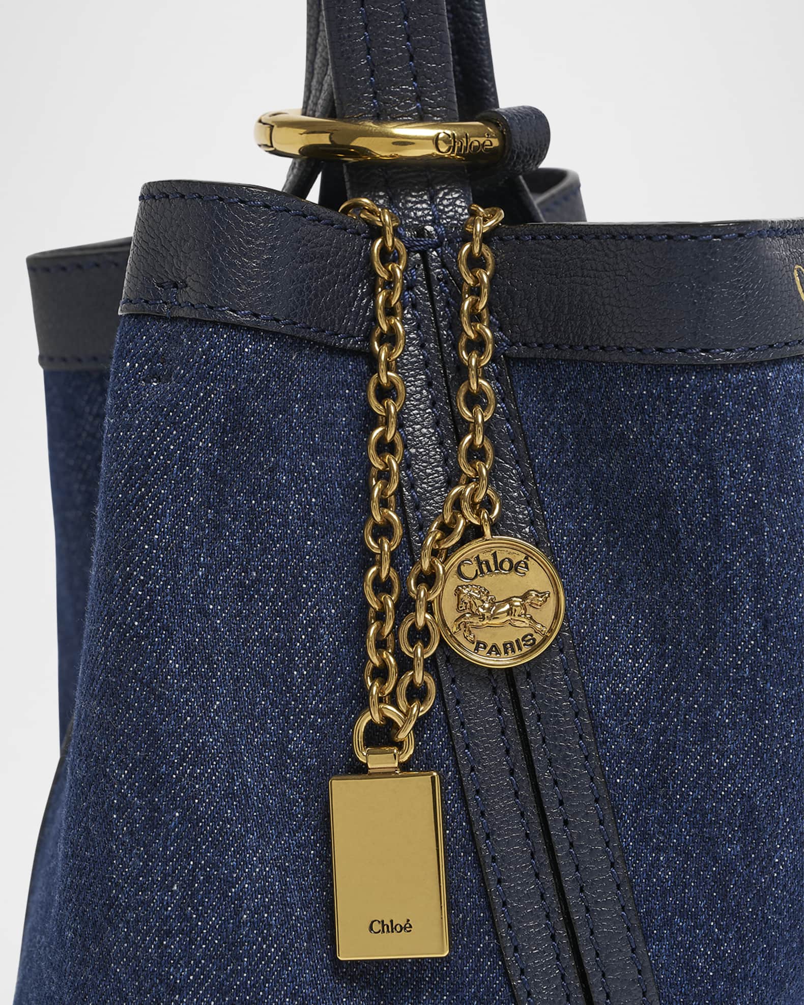 Chloe Spin Mini Bucket Tote Bag in Denim and Leather