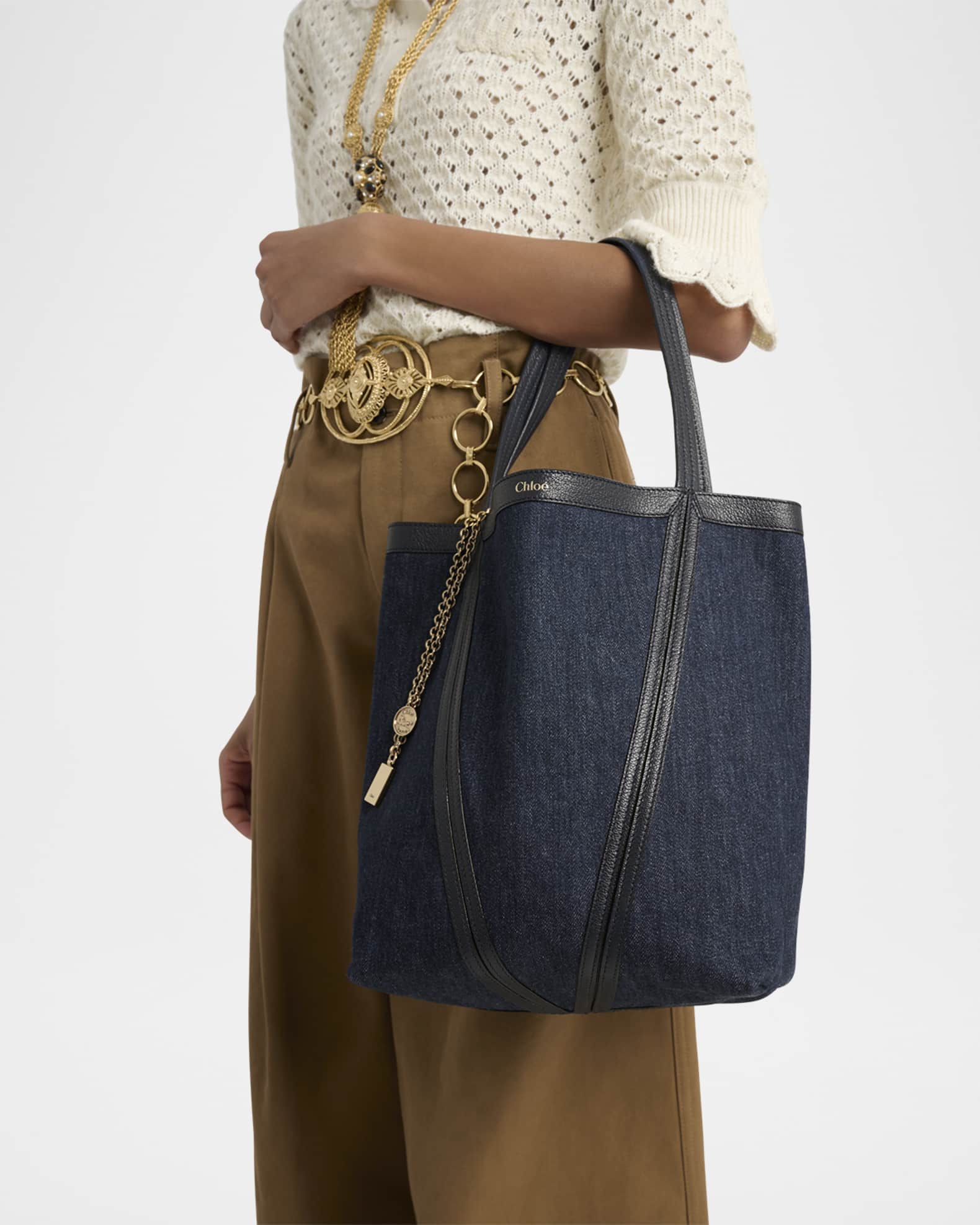 Chloe Spin Medium Tote Bag in Denim and Leather | Neiman Marcus