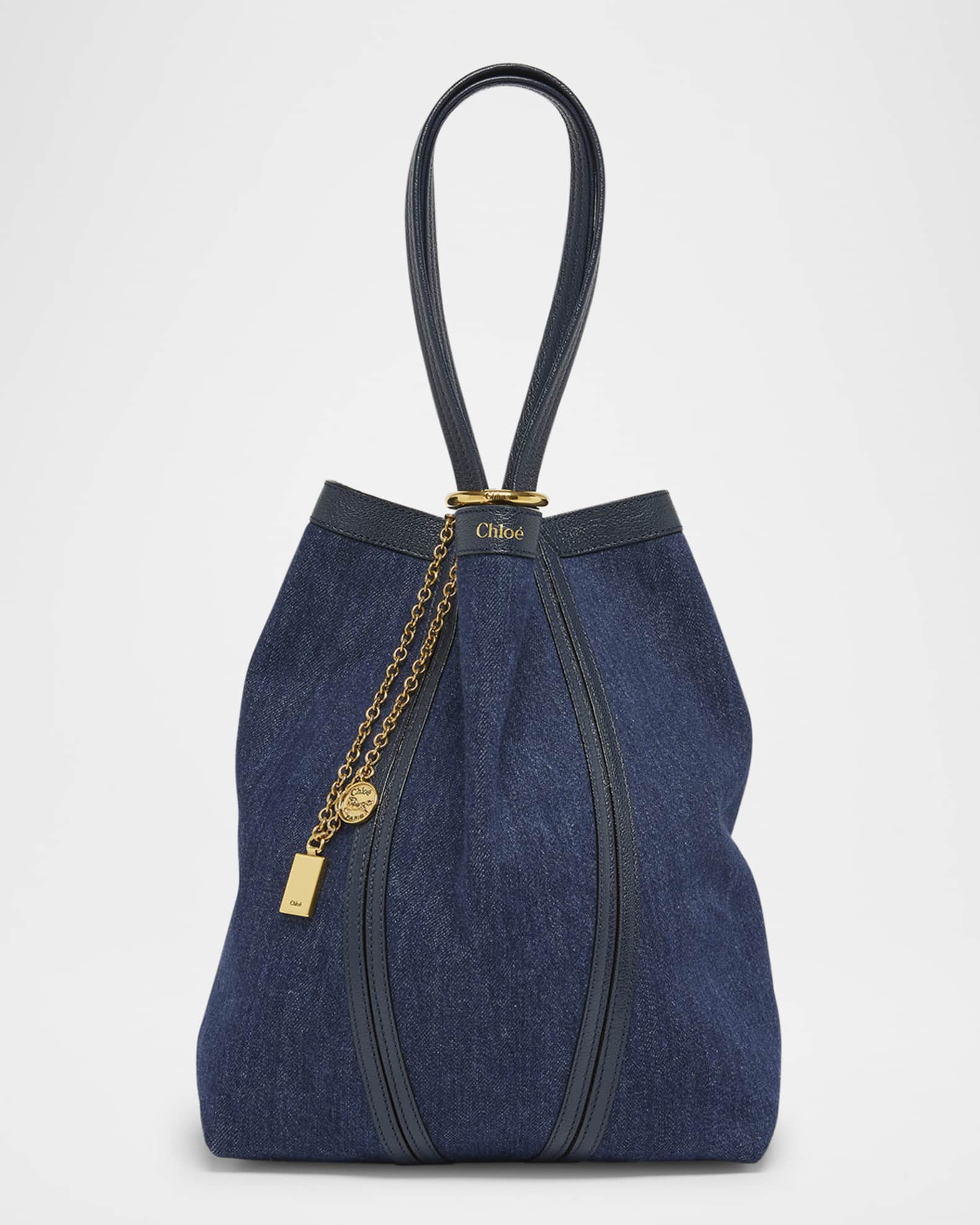 【Chloe】MEDIUM TOTE SPIN◆CH25US811P20 Chloe Spin Medium Tote Bag in Denim and Leather | Neiman Marcus