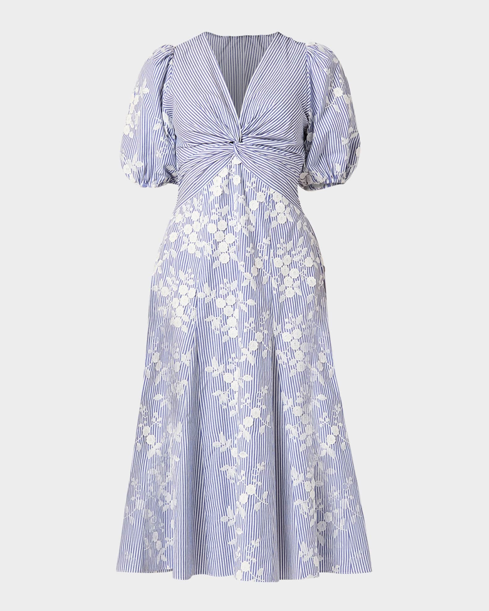 Dion Striped Floral Applique Midi Dress 0