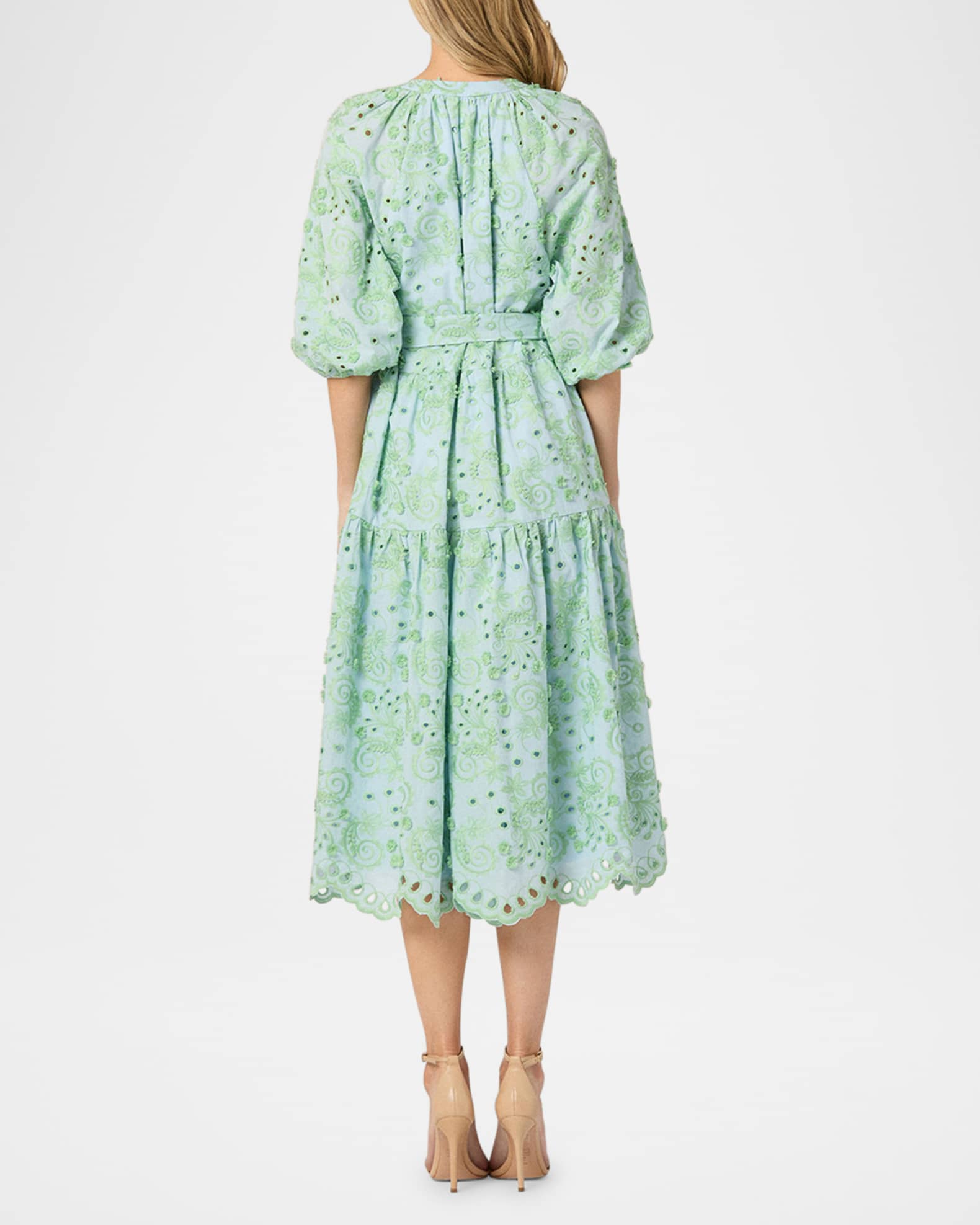 Shoshanna Women's Denver Tiered Eyelet-Embroidered Midi-Dress - Blue Green - Size 2