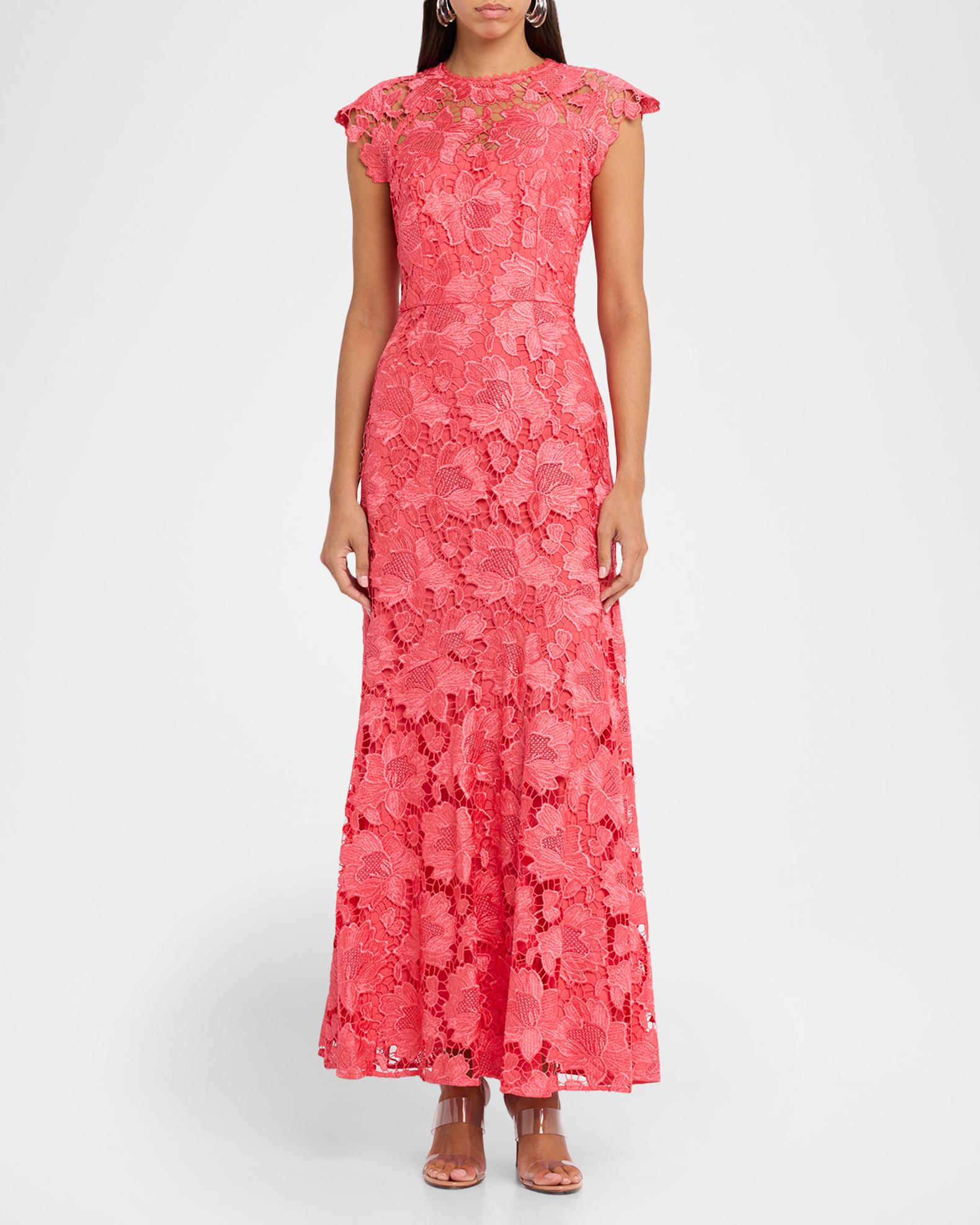 shoshanna raven cap-sleeve floral lace a-line maxi dress Women's - Coral Semi Formal Formal Look line silhouette Concealed back collection-date-night Size:8 USA