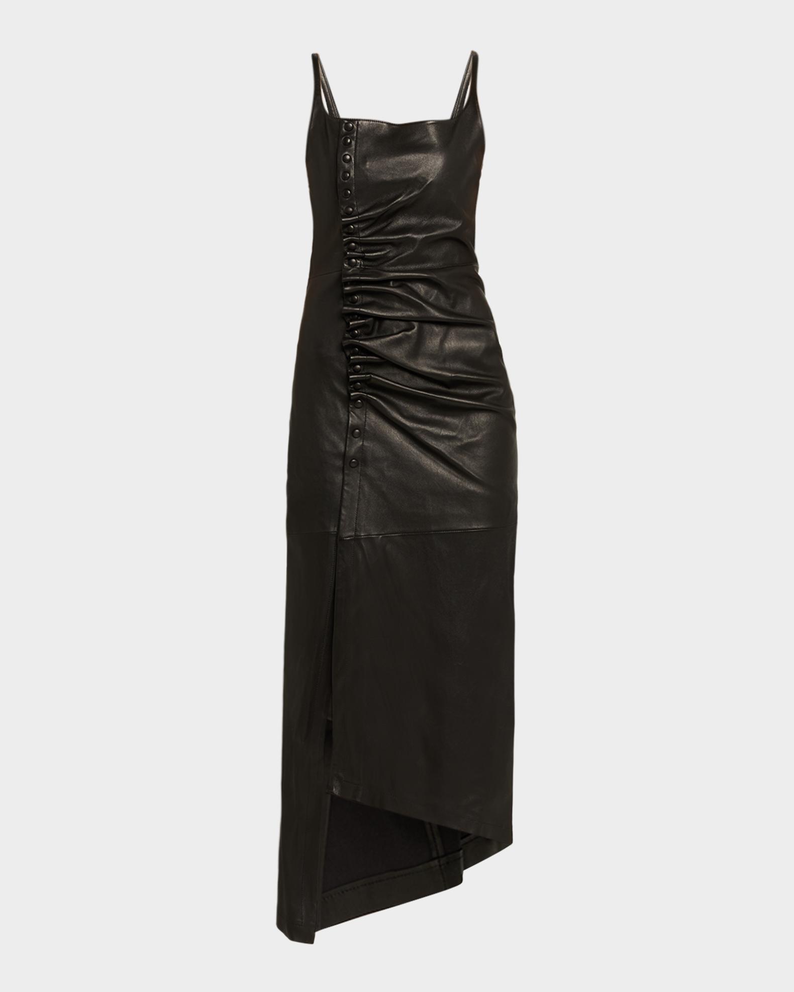 black leather ruched dress Black Mini Dress - Vegan Leather Dress - Ruched Mini Dress
