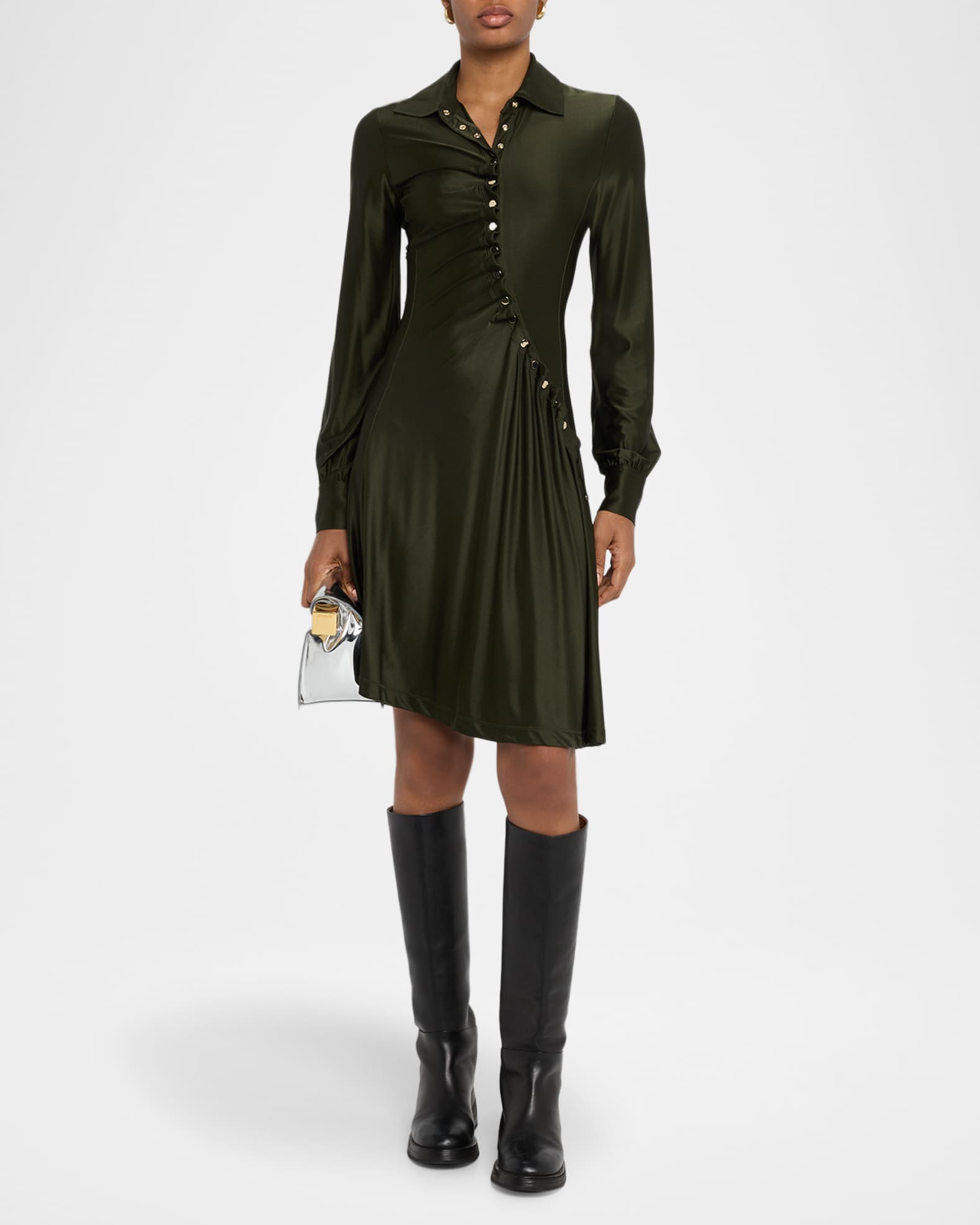 Ruched Button Long-Sleeve Mini Shirtdress 1