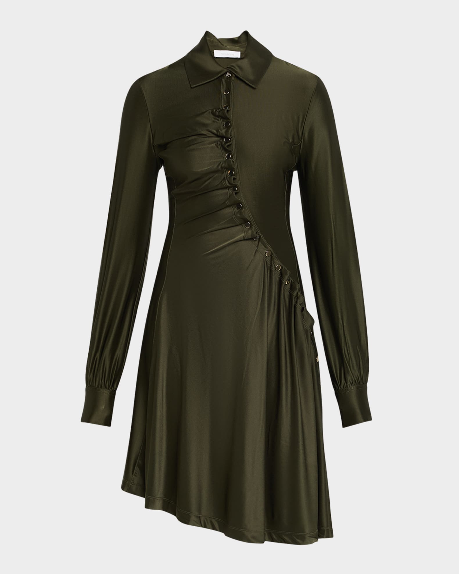 Ruched Button Long-Sleeve Mini Shirtdress 0