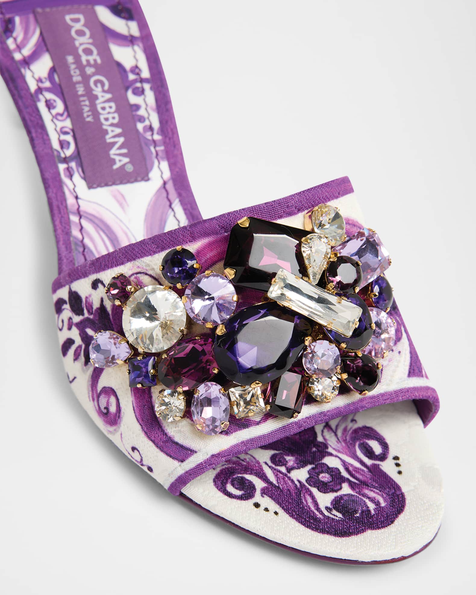 Dolce&Gabbana Maiolica Jeweled Printed Slide Sandals
