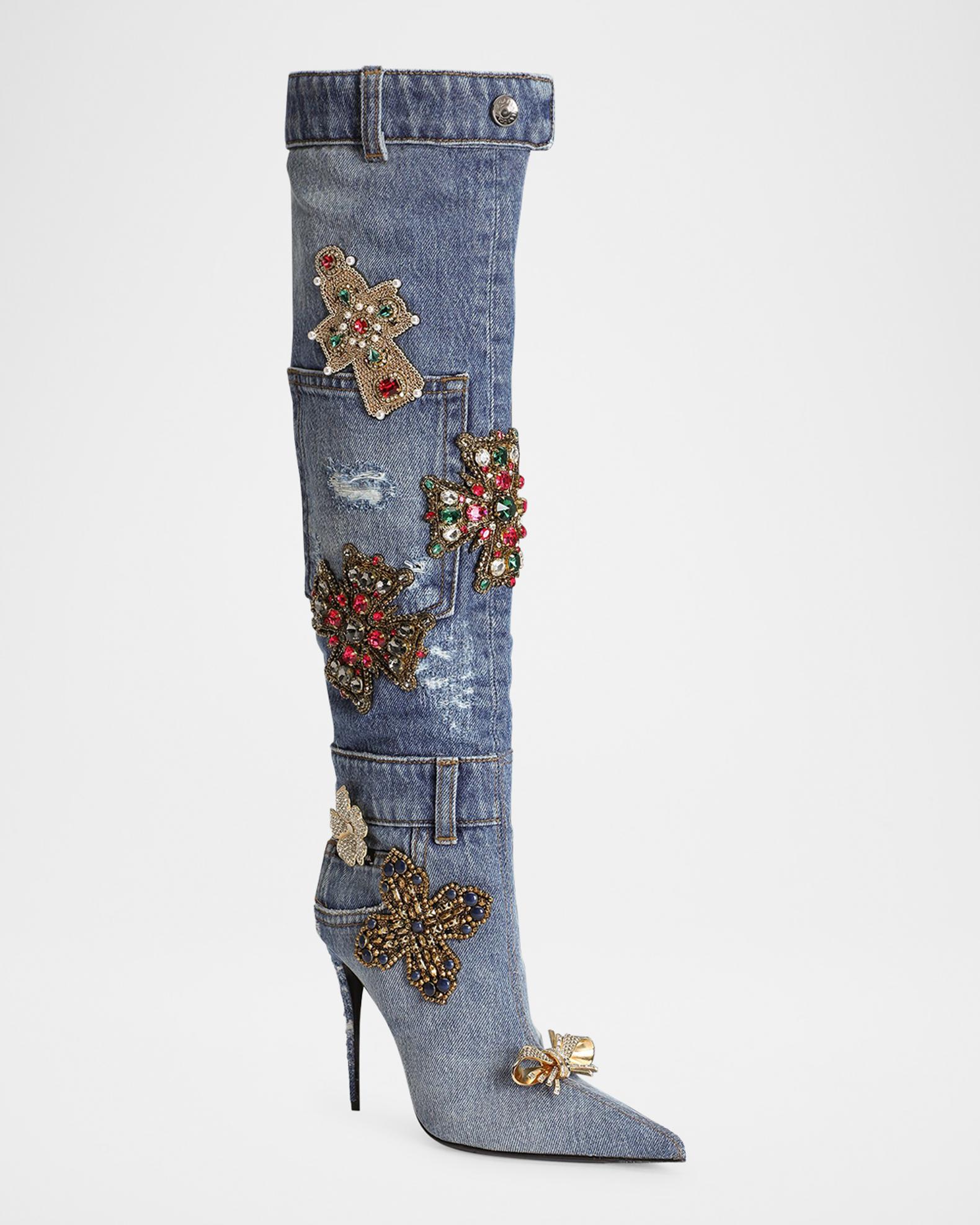 Dolce&Gabbana 105mm Embellished Patchwork Denim Knee-High Boots