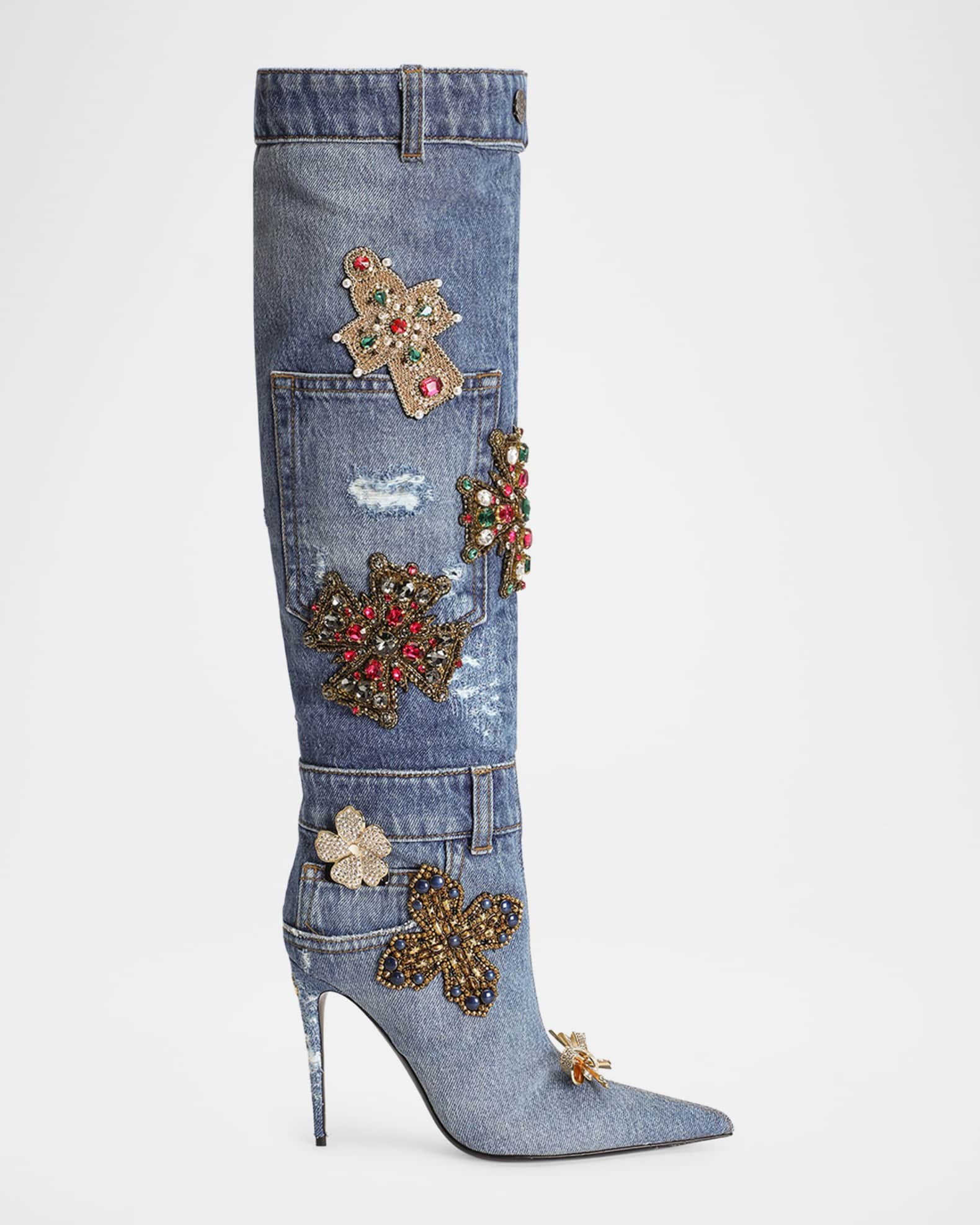 D&G デニム ハイヒール パンプス Dolce&Gabbana 105mm Embellished Patchwork Denim Knee-High Boots